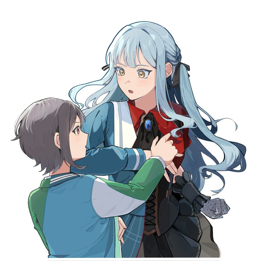 2girls ascot bang_dream! bang_dream!_it&#039;s_mygo!!!!! black_ascot black_corset blue_brooch blue_hair blue_jacket blue_shirt brown_eyes commentary_request corset gloves green_jacket grey_gloves grey_hair highres jacket long_hair long_sleeves multiple_girls nanami_(nunnun_0410) oblivionis_(bang_dream!) open_mouth school_uniform shirt short_hair sidelocks simple_background takamatsu_tomori togawa_sakiko tsukinomori_school_uniform white_background yellow_eyes