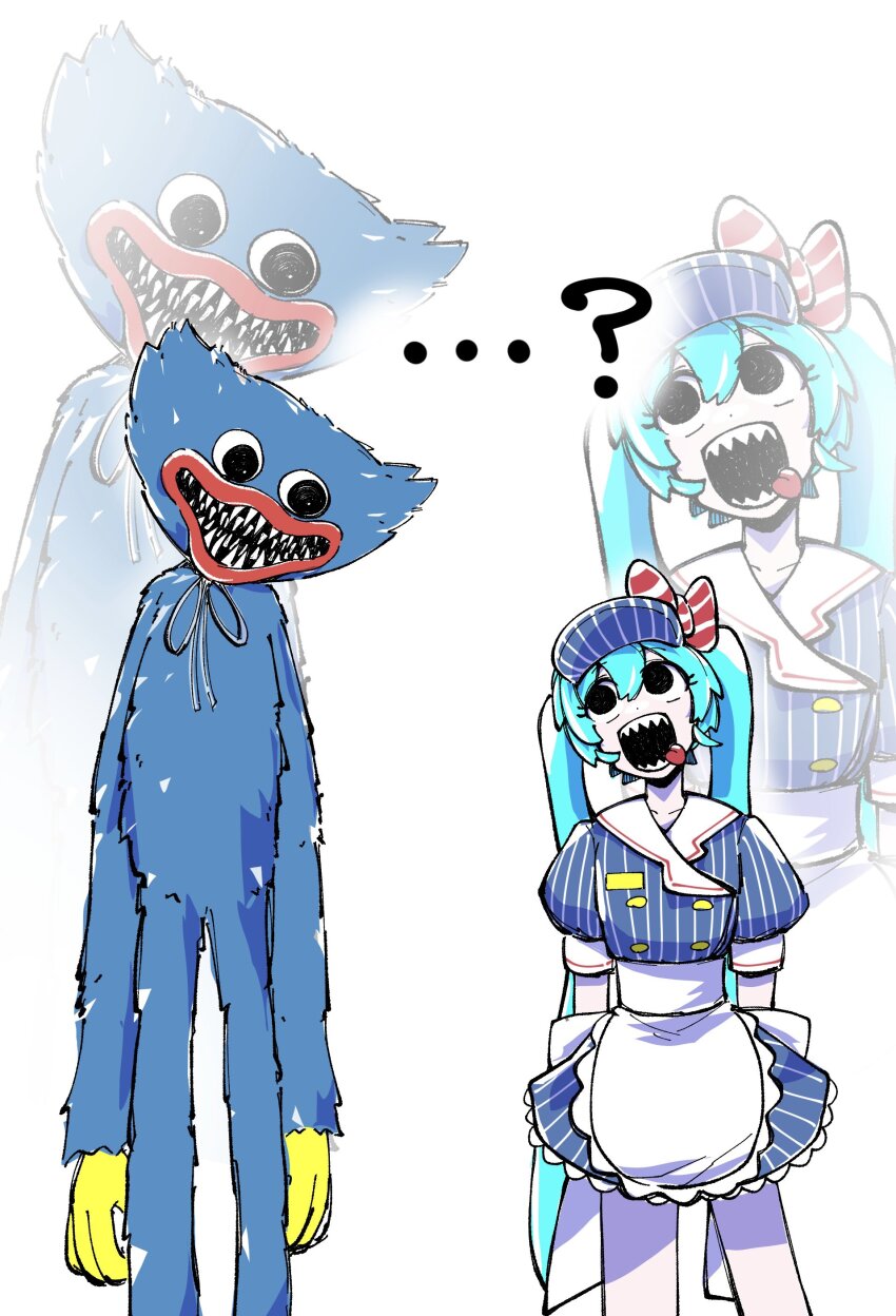 ... ? absurdres apron aqua_hair arms_at_sides black_eyes black_mouth blue_dress blue_fur blue_hat bow buttons commentary crazy crossover diagonal-striped_bow double-breasted dress empty_eyes eye_contact feet_out_of_frame frilled_apron frilled_dress frills gloves grey_ribbon hair_between_eyes hat hat_bow hatsune_miku head_tilt highres huggy_wuggy lips long_arms long_hair long_legs looking_at_another looking_down looking_to_the_side looking_up mesmerizer_(vocaloid) monster neck_ribbon pale_skin pinstripe_dress pinstripe_hat pinstripe_pattern poppy_playtime puffy_short_sleeves puffy_sleeves red_bow red_lips ribbon sharp_teeth short_sleeves side-by-side sketch standing striped_clothes striped_dress tansu_(kiritns_mk) teeth tongue tongue_out vertical-striped_clothes vertical-striped_dress very_long_hair visor_cap vocaloid waist_apron white_background white_bow white_dress yellow_gloves zoom_layer