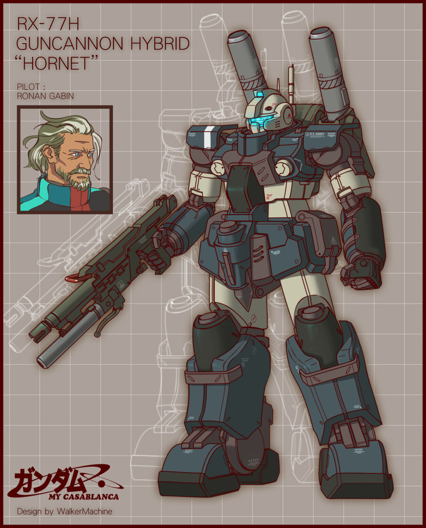 1boy beam_rifle beard blue_eyes character_name clenched_hands commentary_request concept_art diagram dual_persona earth_federation earth_federation_space_forces emblem energy_gun facial_hair glowing grey_hair guncannon gundam unworn_headwear helmet unworn_helmet highres machinery manly mecha military mobile_suit_gundam old original pilot_suit radio_antenna redesign robot ronan_gabin roundel science_fiction shoulder_cannon signature spacesuit uniform visor walkermachine weapon