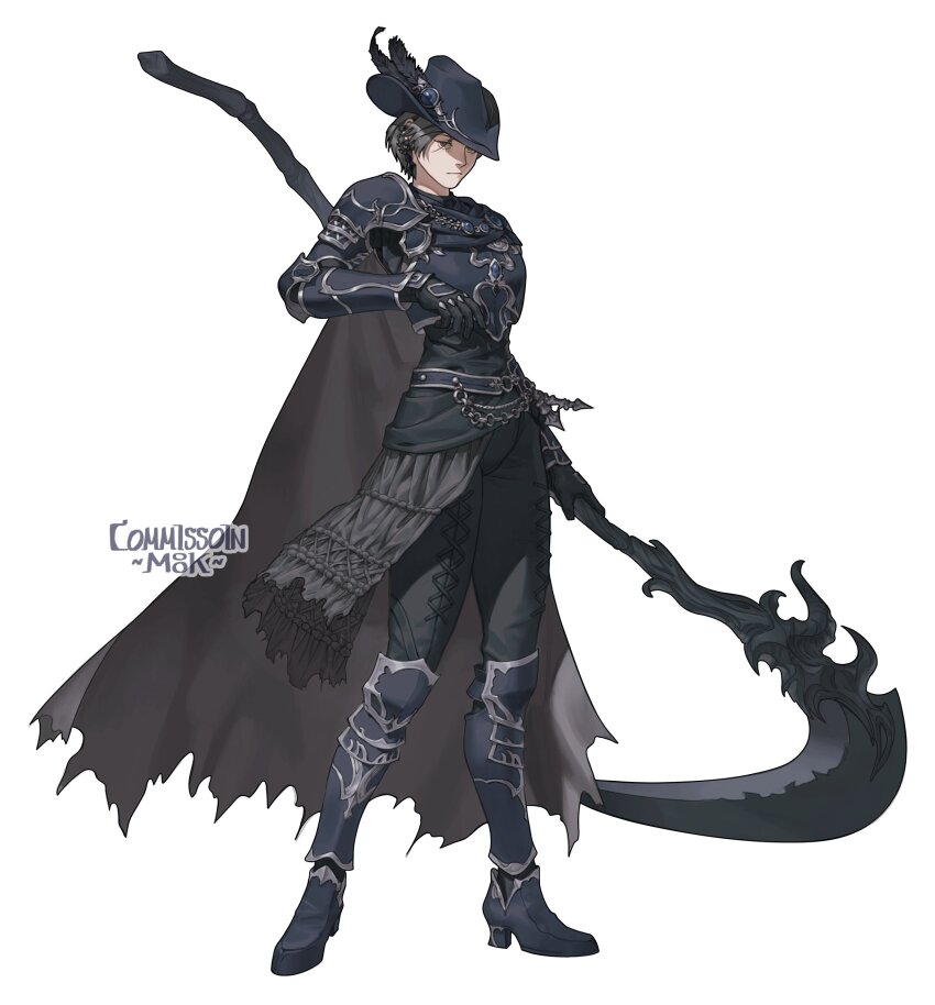 1girl absurdres androgynous armor belt black_eyes black_gloves black_hair black_hat black_pants brown_cape cape commission ear_piercing final_fantasy final_fantasy_xiv full_body gloves greaves hat hat_feather highres holding holding_scythe holding_weapon looking_at_viewer m88km88k pants pauldrons piercing reaper_(final_fantasy) reverse_trap scythe short_hair shoulder_armor solo standing torn_cape torn_clothes tricorne weapon zero_(ff14)
