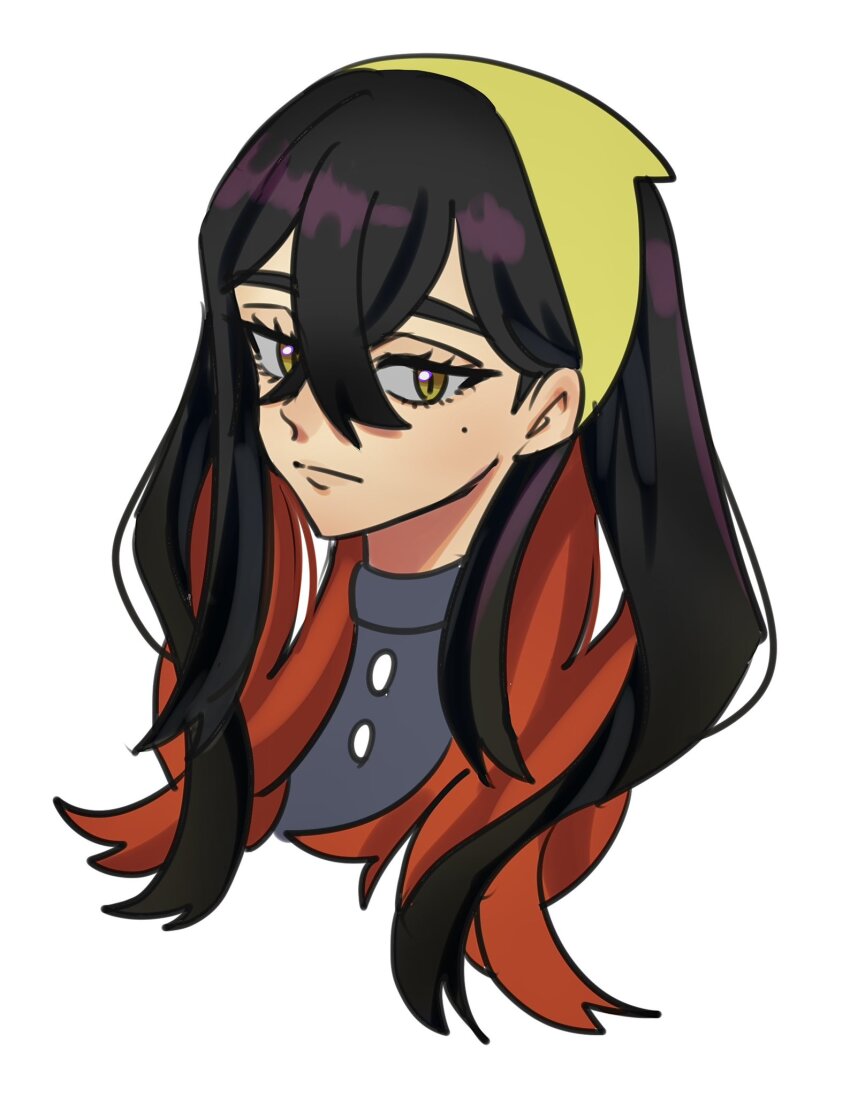 1girl black_hair carmine_(pokemon) closed_mouth colored_inner_hair commentary_request crossed_bangs echizen_(n_fns17) hair_between_eyes hairband highres long_hair looking_at_viewer mole mole_under_eye multicolored_hair nintendo pokemon pokemon_sv red_hair solo two-tone_hair upper_body white_background yellow_eyes yellow_hairband