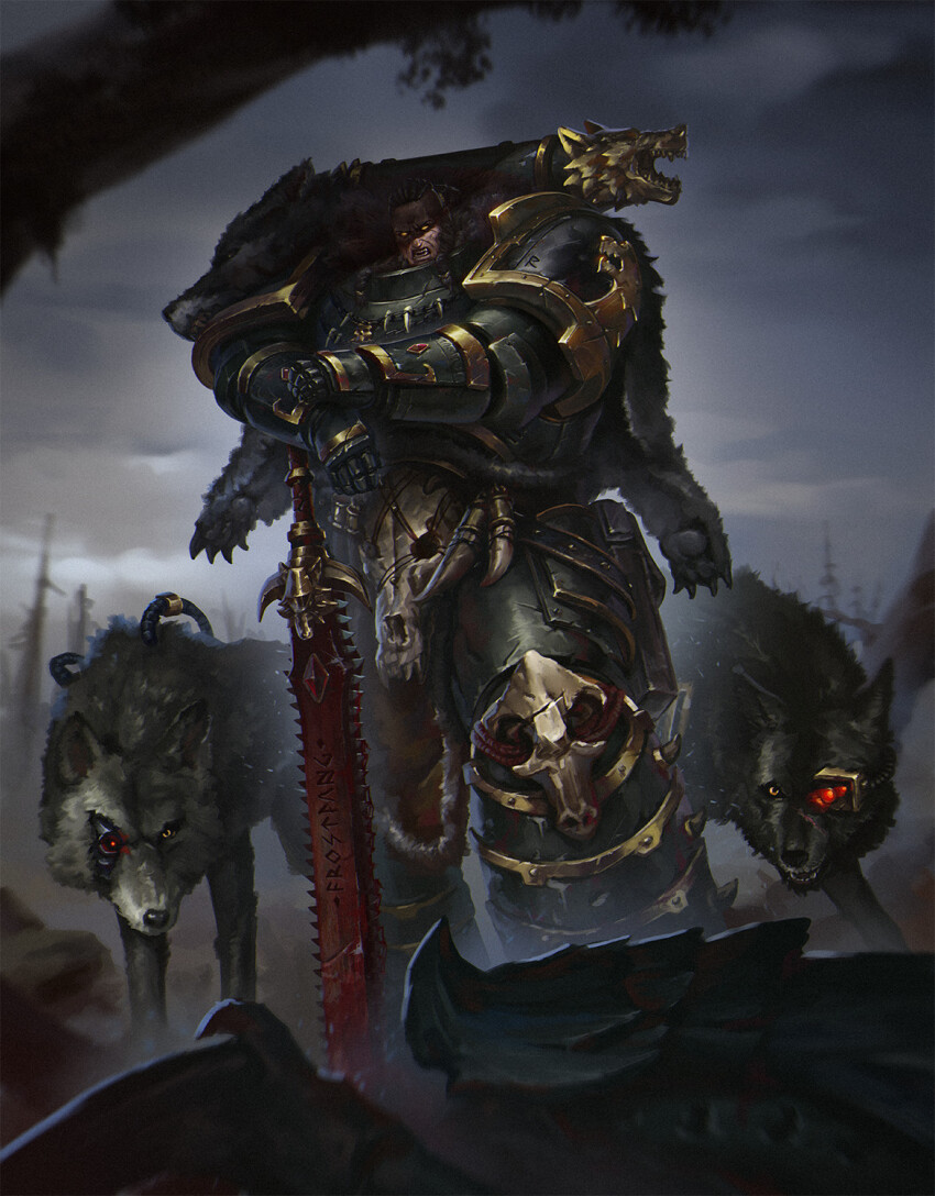 1boy animal_ears armor artificial_eye black_armor black_hair blood blood_stain chainsword commentary commission english_commentary fangs gem glowing glowing_eyes gold_trim grohgrog highres mechanical_eye pelt ragnar_blackmane red_gemstone runes sharp_teeth skull_ornament space_wolves teeth tube warhammer_40k wolf wolf_ears wolf_ornament yellow_eyes