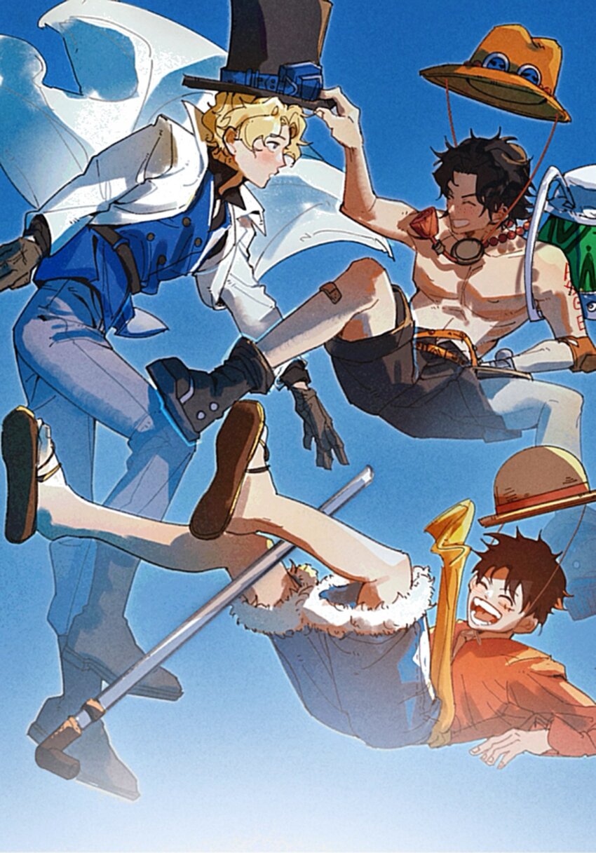 3boys ^_^ bag bandaid bandaid_on_leg belt black_hair black_shirt black_shorts blonde_hair blue_shorts boots closed_eyes coat commentary elbow_pads falling flip-flops gloves goggles goggles_on_head hat highres holding holding_unworn_clothes holding_unworn_hat jewelry log_pose male_focus monkey_d._luffy multiple_boys necklace one_piece onecata11 pearl_necklace portgas_d._ace profile red_shirt sabo_(one_piece) sandals sash shirt short_hair shorts shoulder_bag single_elbow_pad straw_hat top_hat topless_male unworn_hat unworn_headwear vest waistcoat white_coat yellow_sash