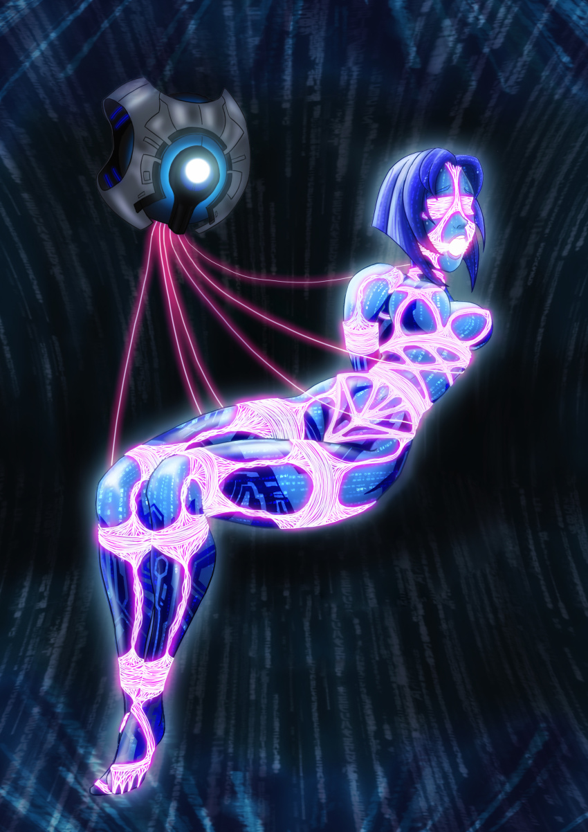 1girl 343_guilty_spark absurdres arms_behind_back ball_gag barefoot bdsm blindfold blue_hair bondage bound breasts cortana crotch_rope feet full_body gag gagged halo_(game) harness highres hologram medium_breasts nude short_hair