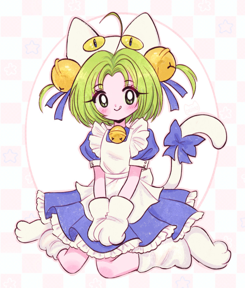 1girl ahoge animal_hat bell blue_dress blush bow bright_pupils cat_hat cat_tail chellyko dejiko di_gi_charat dress eyelashes green_eyes green_hair hat highres jingle_bell kneeling looking_at_viewer neck_bell solo tail tail_bow tail_ornament white_dress white_pupils