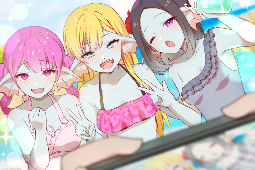 1other 3girls animal_print aqua_eyes aqua_skin bikini bishie_sparkle black_hair blonde_hair blurry blurry_background breasts cellphone cleavage colored_skin commentary_request depth_of_field dragon_quest dragon_quest_x drink fangs fins fish_girl head_fins holding holding_drink long_hair looking_at_viewer medium_breasts multicolored_hair multiple_girls nikon_(user_aznh7528) one-piece_swimsuit one_eye_closed outdoors parted_hair phone pink_bikini pink_eyes pink_hair purple_eyes red_streaks small_breasts sparkle streaked_hair swimsuit taking_picture twintails upper_body v weddie_(dq10)