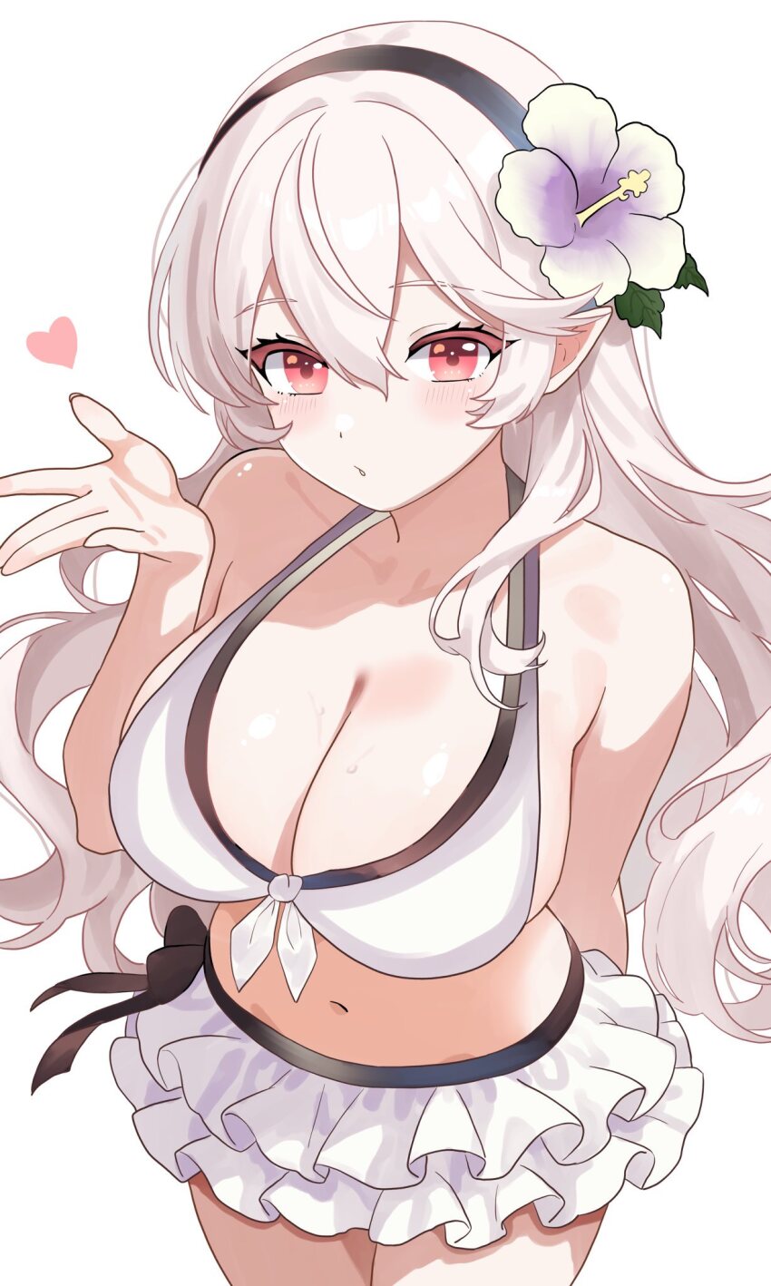 1girl arm_behind_back bikini black_hairband blowing_kiss blush breasts cleavage female_corrin_(fire_emblem) female_corrin_(novice_vacationer)_(fire_emblem) fire_emblem fire_emblem_fates fire_emblem_heroes flower grey_hair hair_between_eyes hair_flower hair_ornament hairband heart highres large_breasts legs long_hair looking_at_viewer n_54 navel nintendo official_alternate_costume parted_lips pointy_ears red_eyes sideboob skindentation solo sweat swimsuit thighs white_bikini