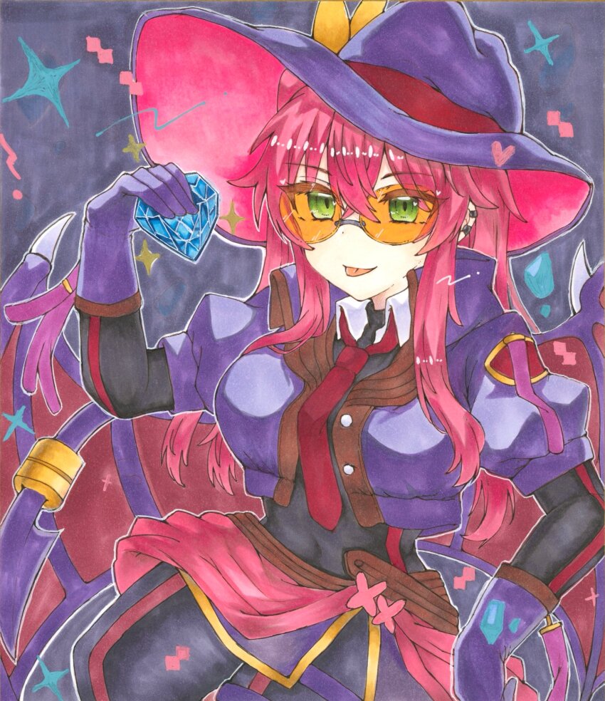 1girl black_background black_bodysuit bodysuit cowboy_shot cropped_jacket demon_girl demon_wings duel_monster evil_twin_ki-sikil gem green_eyes hat heart highres holding holding_gem ichinose_haruka jacket ki-sikil_(yu-gi-oh!) long_hair orange-tinted_eyewear purple_hat purple_jacket purple_skirt purple_wings red_hair red_wings simple_background skirt solo tinted_eyewear wings yu-gi-oh!