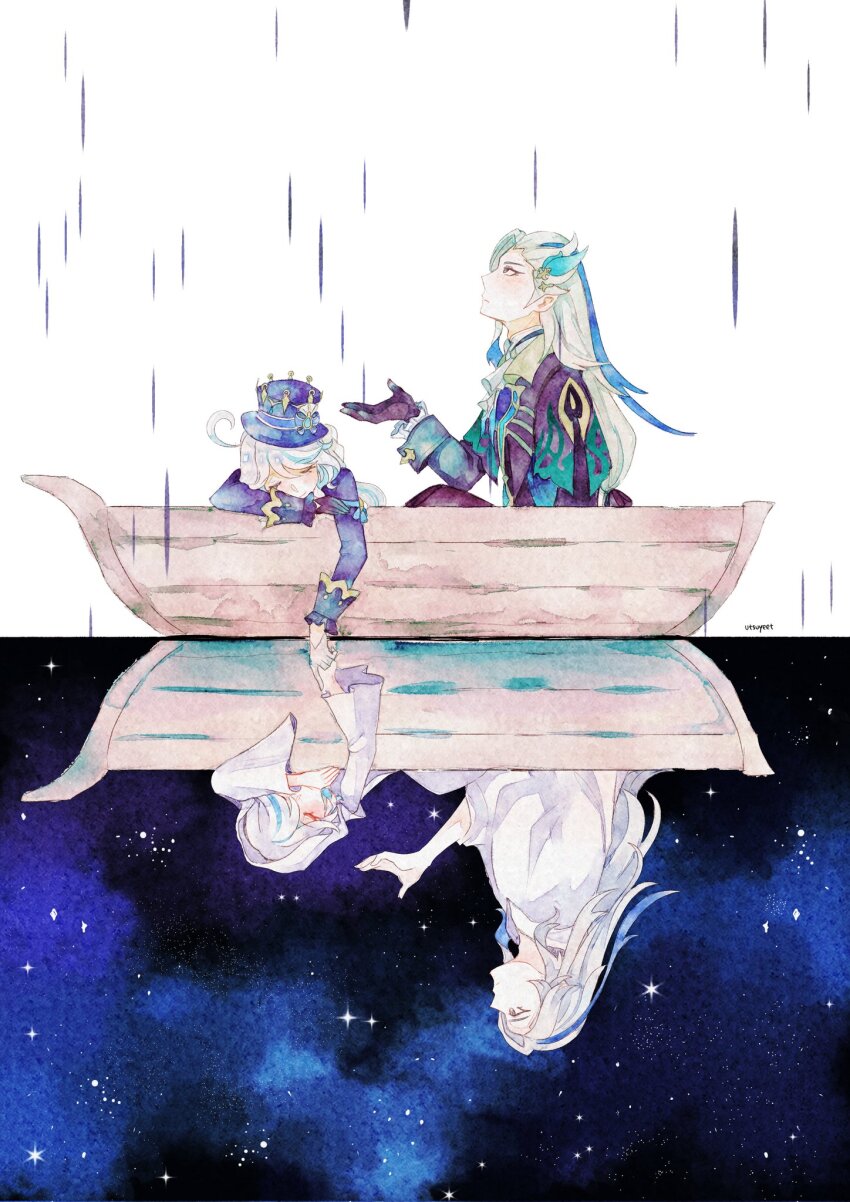 1boy 1girl ahoge antennae ascot black_gloves blue_hair blue_jacket boat closed_eyes closed_mouth different_reflection furina_(genshin_impact) genshin_impact gloves highres jacket long_hair multicolored_hair neuvillette_(genshin_impact) night night_sky rain reflection reflective_water sky star_(sky) starry_sky streaked_hair tunic utsuyeet very_long_hair watercraft white_ascot white_hair white_tunic