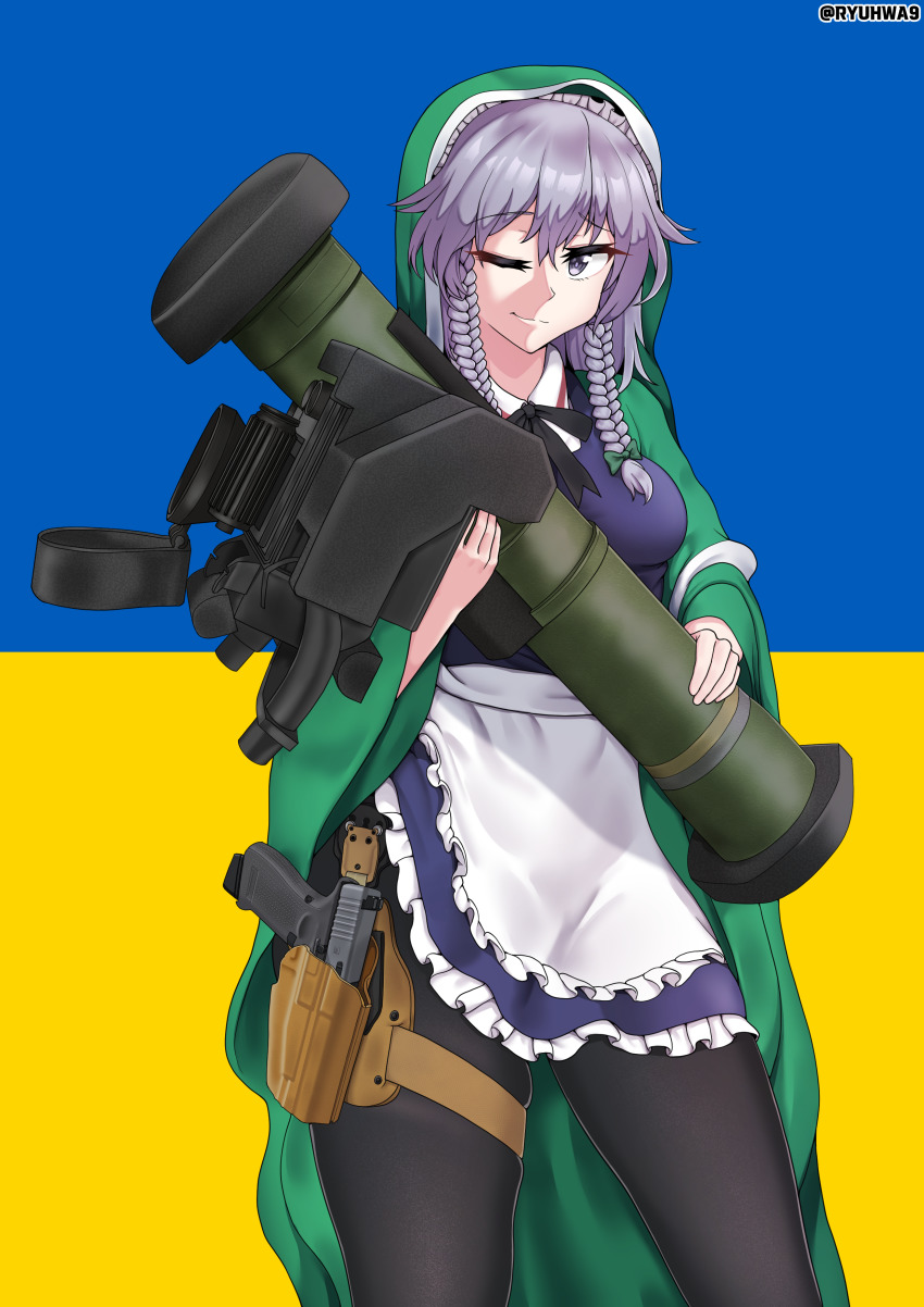 1girl absurdres apron braid breasts cosplay fgm-148_javelin frills glock green_robe green_shawl grey_hair gun handgun highres holding holding_rocket_launcher holding_weapon holster izayoi_sakuya looking_at_viewer maid maid_apron man-portable_anti-tank_systems medium_breasts missile_launcher one_eye_closed pantyhose pistol robe rocket_launcher russo-ukrainian_war ryuhwa9 skindentation smile solo st._javelin thigh_holster thighs touhou twin_braids twitter_username ukraine ukrainian_flag virgin_mary virgin_mary_(cosplay) weapon weapon_request white_apron
