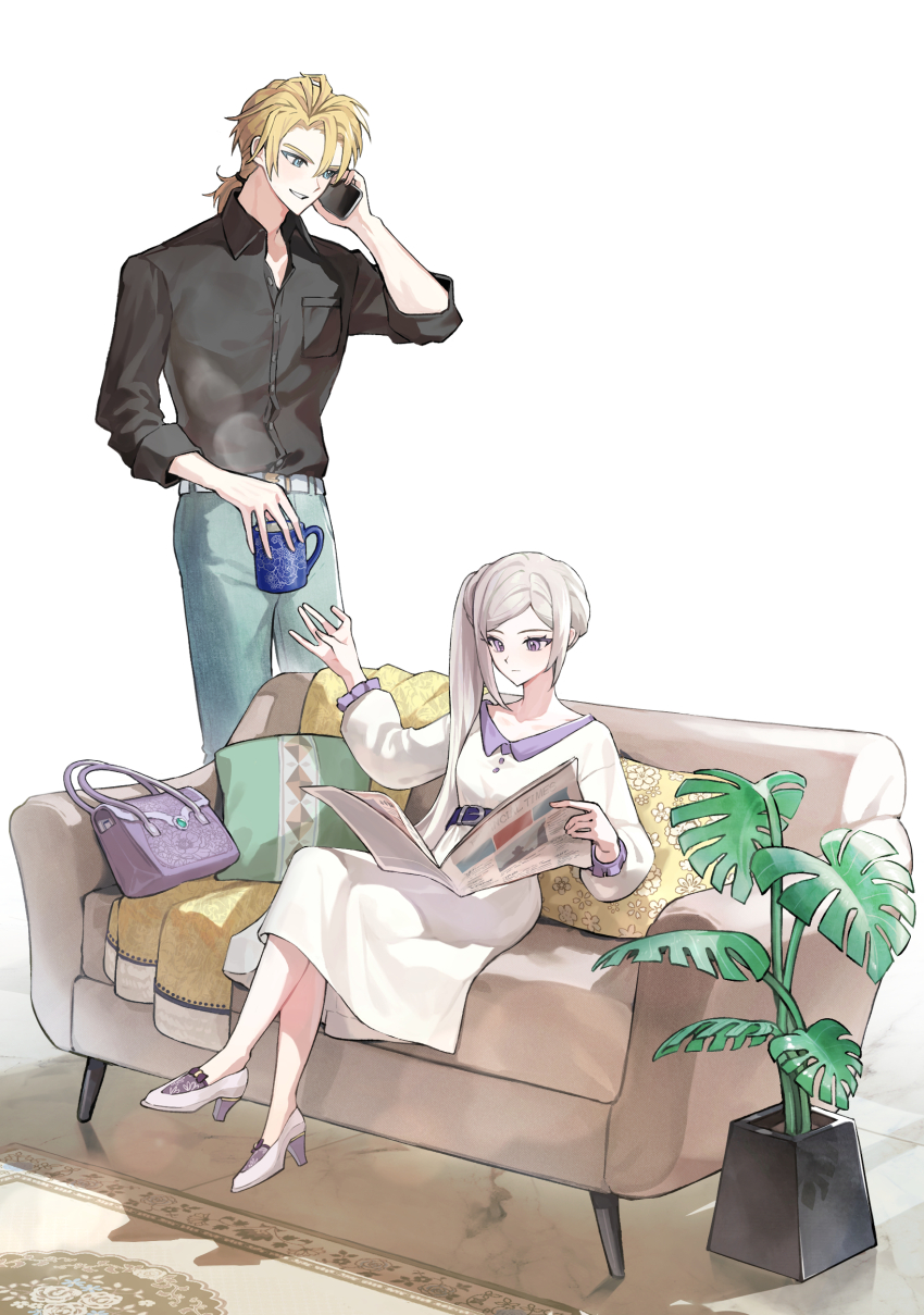 1boy 1girl absurdres alternate_costume arm_up belt belt_around_waist black_shirt blonde_hair blue_eyes cellphone closed_mouth collared_dress collared_shirt commentary_request contemporary couch couple crossed_legs cup denim dimitri_alexandre_blaiddyd dress edelgard_von_hresvelg fern fire_emblem fire_emblem:_three_houses fire_emblem_warriors:_three_hopes hair_between_eyes highres holding holding_cup holding_newspaper holding_phone ikaikakka indoors jeans light_blush long_hair long_sleeves looking_at_object looking_down looking_to_the_side low_ponytail mug newspaper nintendo official_alternate_hairstyle on_couch pants parted_bangs parted_lips partially_unbuttoned phone pillow plant ponytail purple_eyes reaching reaching_towards_another reading shade shadow shirt side_ponytail sitting sleeves_rolled_up smartphone standing white_background white_shirt