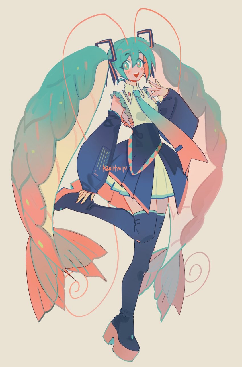 1girl :d antennae azolitmin belt black_boots black_sleeves boots bright_pupils commentary detached_sleeves dress english_commentary gradient_hair green_eyes green_hair green_nails hair_between_eyes hand_up hatsune_miku high_heel_boots high_heels highres long_hair multicolored_hair nail_polish open_mouth orange_hair pleated_dress shrimp_girl smile solo teeth thigh_boots upper_teeth_only very_long_hair vocaloid white_dress white_pupils