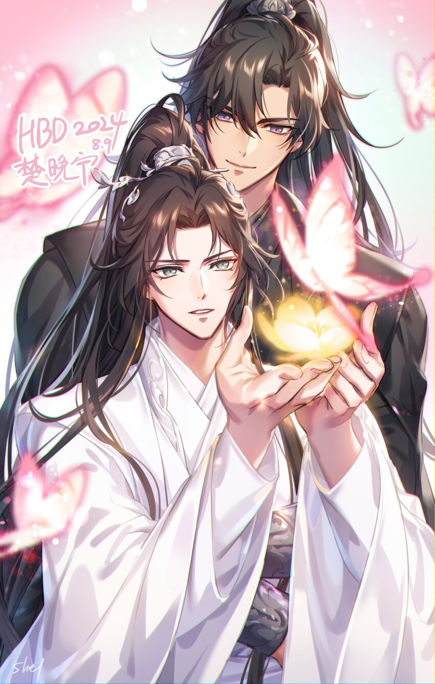 2boys absurdres birthday black_hair black_hanfu blurry blurry_foreground brown_hair bug butterfly character_name chinese_clothes chu_wanning closed_mouth dated erha_he_tadebai_mao_shizun flower glowing_butterfly glowing_flower gradient_background grey_eyes hanfu high_ponytail highres hug insect korean_commentary long_hair long_sidelocks long_sleeves looking_ahead looking_at_another looking_at_flowers male_focus mo_ran multiple_boys pink_background pink_butterfly ponytail purple_eyes ribbon ribboned_xiao_guan sidelocks smile upper_body white_background white_hanfu white_ribbon wide_sleeves xiao_guan_(headdress) yaoi yellow_flower zehel_az