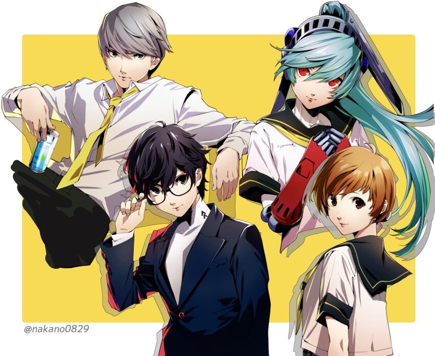 2boys 2girls amamiya_ren black_hair blue_hair brown_eyes brown_hair closed_mouth glasses grey_hair highres jacket labrys_(persona) lips long_hair looking_at_viewer multiple_boys multiple_girls nakano_maru narukami_yu persona persona_4 persona_4:_the_ultimate_in_mayonaka_arena persona_5 satonaka_chie school_uniform short_hair smile yasogami_school_uniform