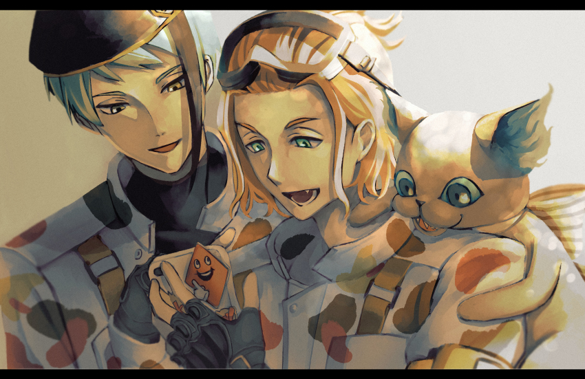 2boys beret blonde_hair blue_hair cater_diamond cellphone commentary_request creature fang fingerless_gloves gloves goggles goggles_on_head green_eyes grim_(twisted_wonderland) hat highres holding holding_phone jacket jade_leech letterboxed male_focus multiple_boys phone short_hair smartphone susamiyasan twisted_wonderland yellow_background yellow_eyes