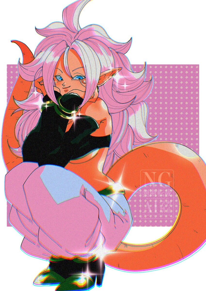 1girl android_21 bare_shoulders black_tube_top blue_eyes breasts colored_skin dragon_ball dragon_ball_fighterz full_body harem_pants highres large_breasts long_hair majin_android_21 pants pink_skin pink_tail pointy_ears solo sparkle stktik09060906 strapless tube_top watermark white_hair white_pants