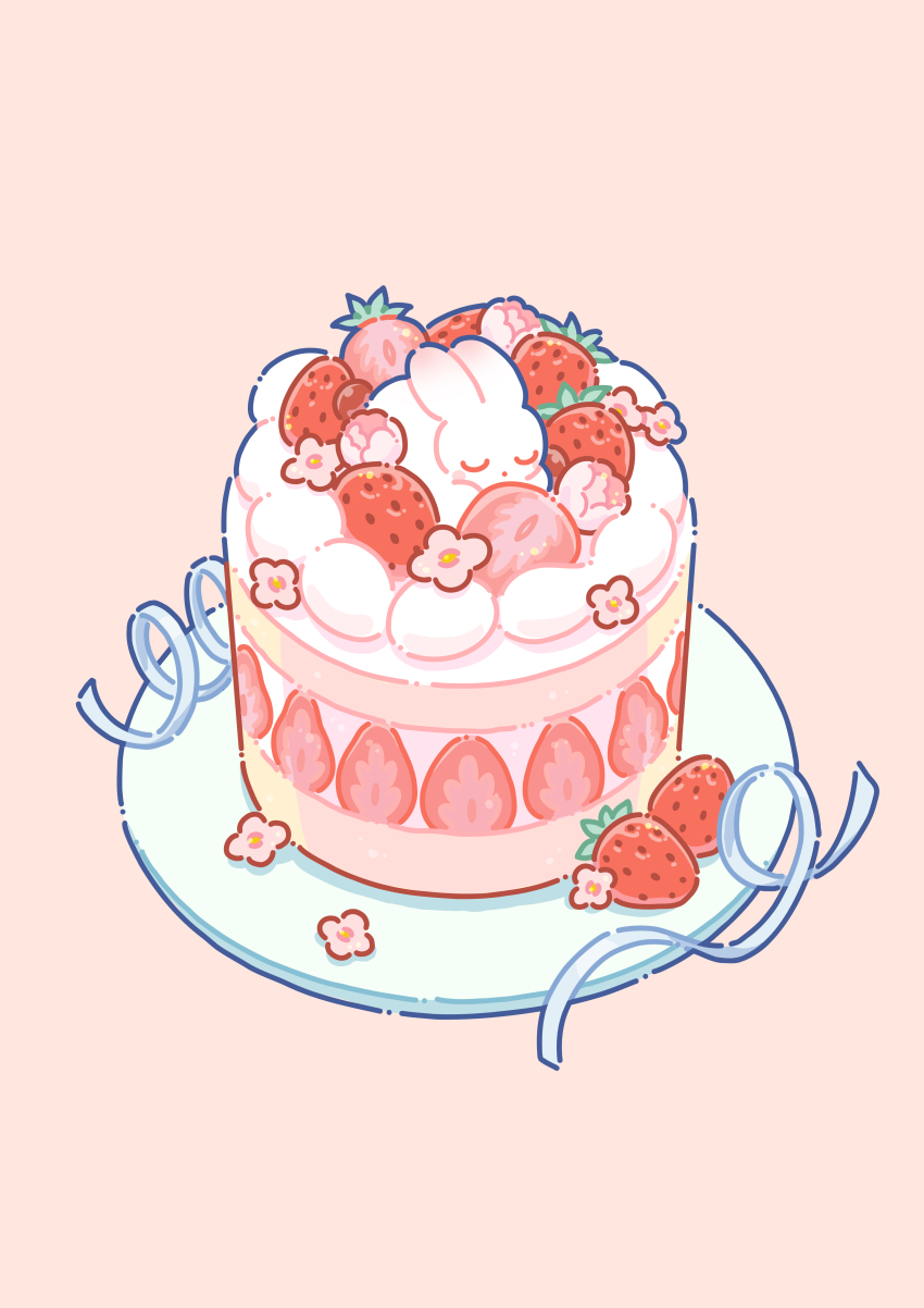 absurdres animal blue_ribbon blush cake closed_eyes closed_mouth dot_mouth flower food food_focus fruit highres hiro046k no_humans original pink_background pink_flower plate rabbit ribbon simple_background sleeping strawberry strawberry_cake strawberry_shortcake strawberry_slice