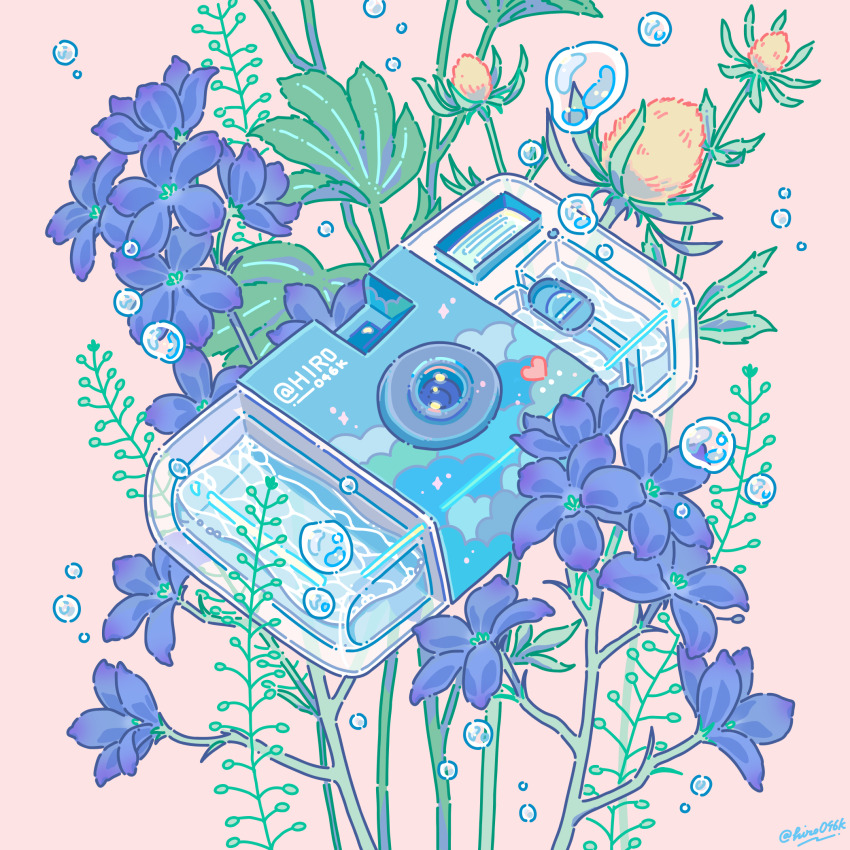 blue_flower bubble bud camera commentary_request fern flower heart highres hiro046k no_humans object_focus orange_background original signature simple_background water
