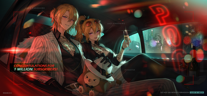 1boy 1girl :d alcohol artist_name augustus_(luca_kaneshiro) black_gloves black_ribbon black_thighhighs blonde_hair blush bra bra_peek breast_tattoo breasts building car_interior champagne champagne_flute character_name chest_tattoo city cleavage collared_shirt commentary crossed_legs cup dress_shirt drinking_glass english_commentary eyewear_on_head fedora formal_clothes gloves hair_between_eyes hair_ornament hair_ribbon hairclip hand_up hat high_ponytail highres holding holding_cup holding_unworn_clothes holding_unworn_hat jacket jewelry lapels large_breasts lens_flare long_hair long_sleeves looking_at_viewer luca_kaneshiro luca_kaneshiro_(1st_costume) medium_hair milestone_celebration necklace nez39 night nijisanji nijisanji_en open_clothes open_jacket open_mouth open_shirt pants parted_bangs parted_lips pinstripe_pants pinstripe_pattern pinstripe_suit ponytail purple_eyes red-tinted_eyewear ribbon shirt short_sidetail sidelocks skyscraper sleeves_rolled_up smile striped_clothes striped_jacket striped_pants suit sunglasses tattoo thighhighs tinted_eyewear underwear unworn_hat unworn_headwear v-shaped_eyebrows virtual_youtuber watch watermark white_headwear white_jacket white_pants white_shirt wing_collar wristwatch