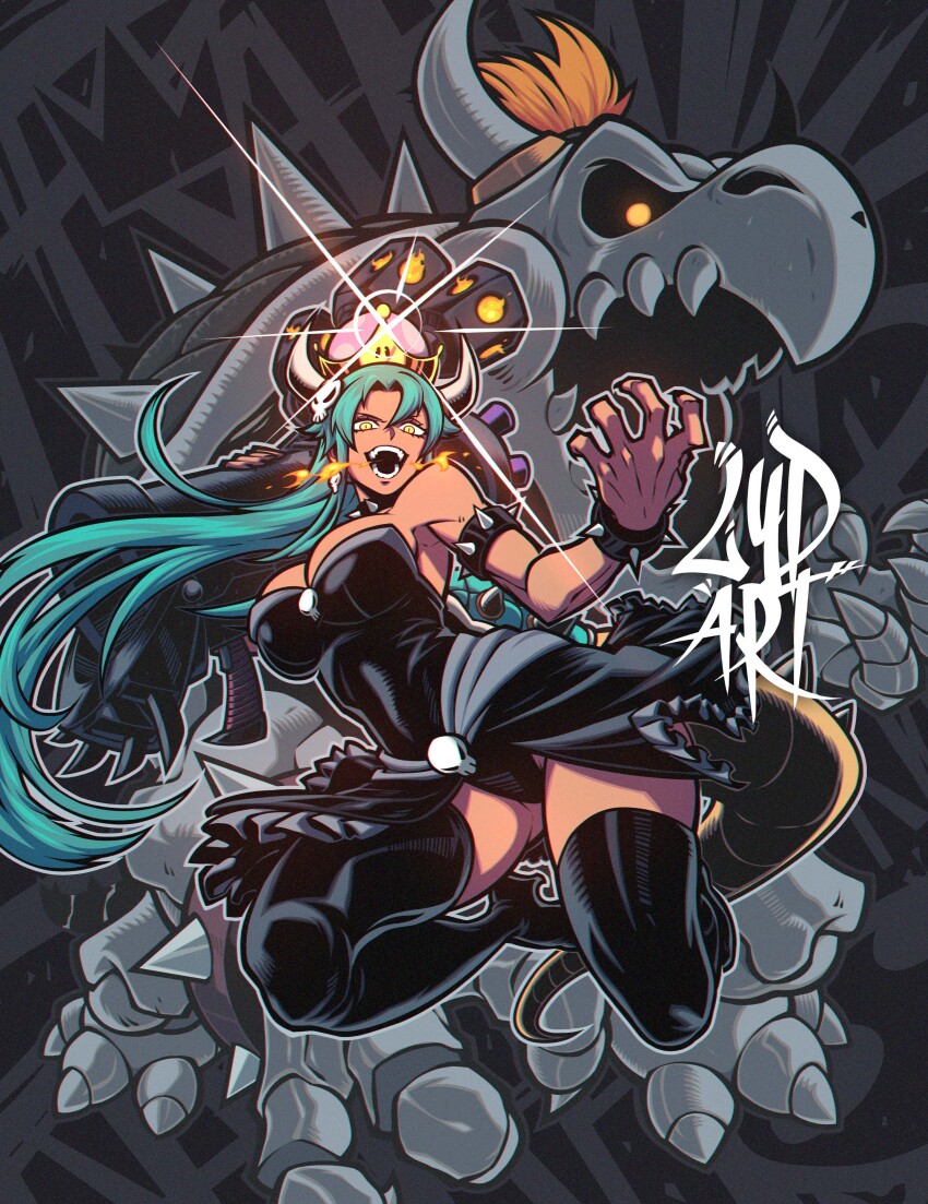 1girl absurdres alternate_hair_color black_collar black_dress black_thighhighs blue_hair bowsette breasts breath_weapon breathing_fire cleavage collar dress dry_bowser fire highres large_breasts long_hair looking_at_viewer lydart_mclo mario_(series) new_super_mario_bros._u_deluxe nintendo open_mouth spiked_collar spikes super_crown thighhighs yellow_eyes