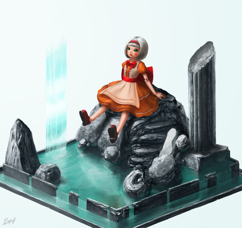 absurdres bow commentary_request diorama doll doll_joints dress frilled_dress frills green_eyes grey_hair haguruma_rapt hairband highres joints livee mini_person minigirl orange_dress original red_bow red_hairband red_shoes rock ruins shoes signature sitting stone_pillar waist_bow water waterfall white_background