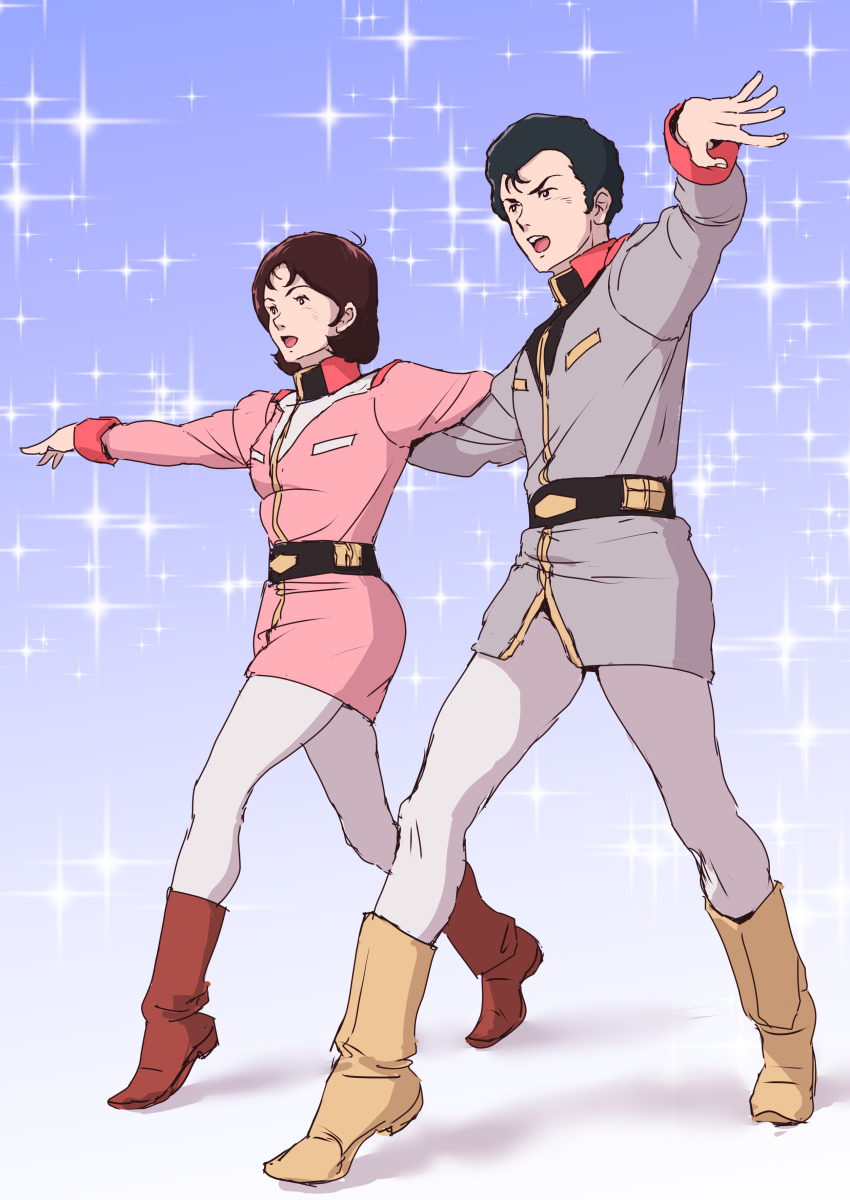 1boy 1girl absurdres belt black_belt black_hair blue_background boots bright_noa brown_footwear brown_hair couple dancing full_body gradient_background grey_jacket gundam highres jacket long_sleeves mirai_yashima mobile_suit_gundam outstretched_arm pants pantyhose pink_jacket short_hair teikoku_jokyoku white_pants yellow_boots
