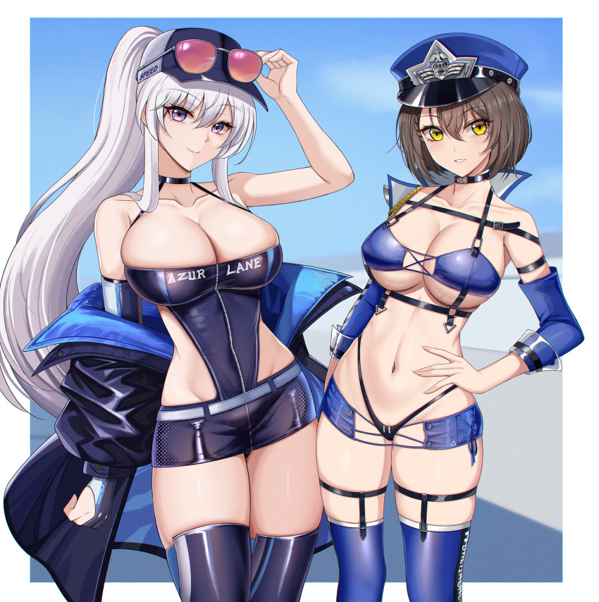 2girls absurdres aiguillette arm_behind_back azur_lane baltimore_(azur_lane) baltimore_(finish_line_flagbearer)_(azur_lane) bare_shoulders bikini black_bikini black_choker blue_bikini blue_footwear blue_hat blue_jacket blue_shorts blue_sky blue_sleeves boots border braid breasts brown_hair chest_harness choker cleavage clothes_pull cloud collarbone commentary_request copyright_name covered_navel cowboy_shot cropped_jacket day detached_sleeves elbow_gloves enterprise_(azur_lane) enterprise_(wind_catcher)_(azur_lane) eyewear_on_head gloves groin hair_between_eyes hand_on_own_hip hand_up harness hat highleg highleg_bikini highres jacket jacket_pull large_breasts long_hair looking_at_viewer micro_shorts midriff mismatched_bikini multiple_girls navel off_shoulder official_alternate_costume open_clothes open_jacket paid_reward_available parted_lips peaked_cap ponytail purple_eyes race_queen revealing_clothes short_hair shorts sideless_leotard sidelocks single_bare_shoulder single_detached_sleeve single_elbow_glove skin_tight skindentation sky smile standing stomach sunglasses swimsuit thigh_boots thigh_strap thighs underboob very_long_hair white_border white_hair yellow_eyes zeukiar