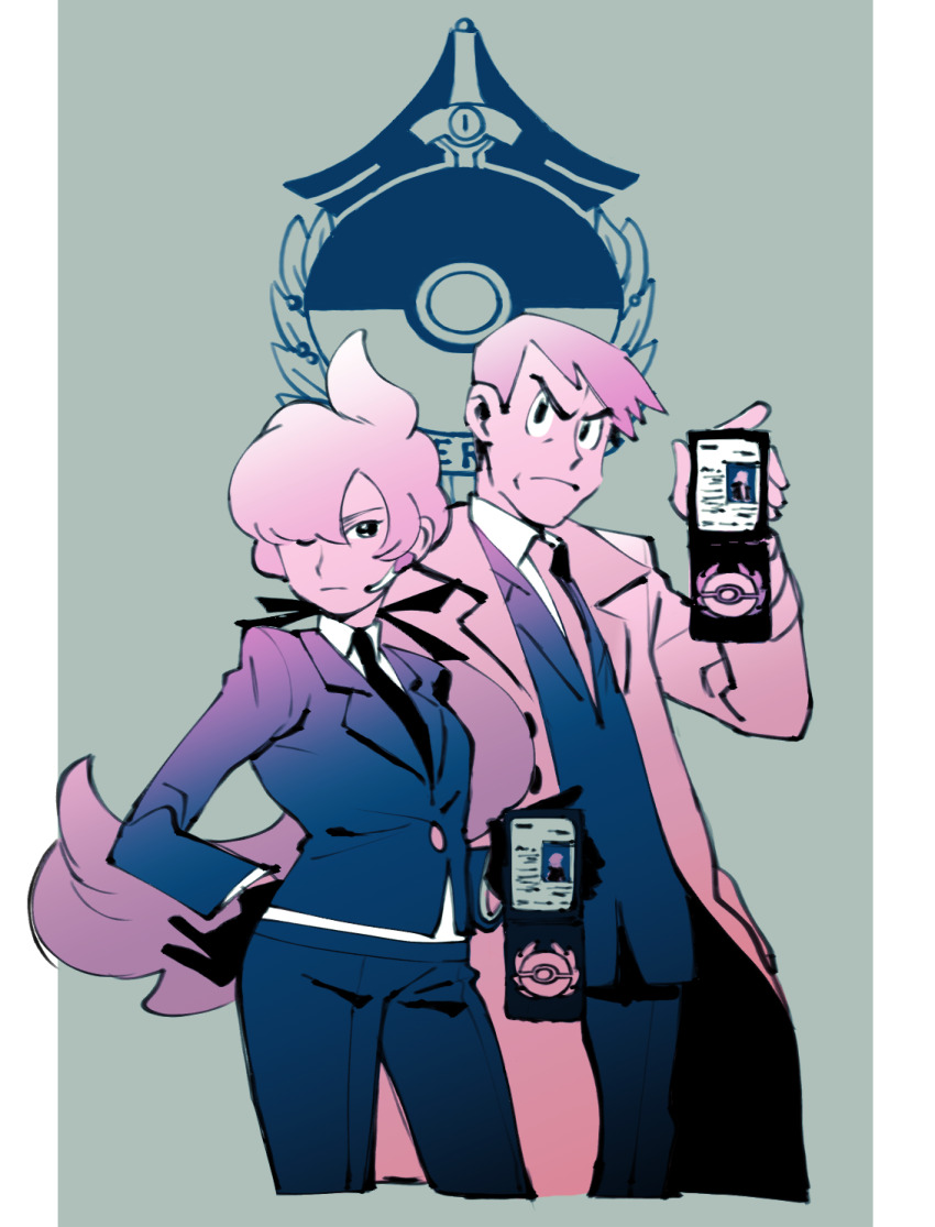 1boy 1girl anabel_(pokemon) badge black_gloves black_necktie coat collared_shirt cropped_legs earpiece gen_6_pokemon gloves hair_over_one_eye hand_on_own_hip highres holding_badge honedge looker_(pokemon) looking_at_viewer necktie nintendo pokemon pokemon_sm police_badge sanigo shirt sweater_vest trench_coat