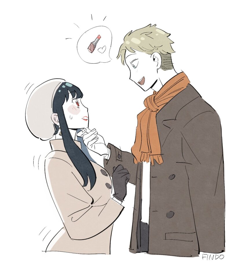1boy 1girl artist_name black_gloves black_hair blonde_hair blush breasts coat cosmetics couple earrings findoworld gloves grey_coat grey_hat hand_on_another&#039;s_chin hat hetero highres image_in_speech_bubble jewelry lipstick lipstick_tube long_hair makeup medium_breasts open_mouth orange_scarf parted_bangs parted_lips scarf short_hair sidelocks smile spy_x_family sweat twilight_(spy_x_family) updo upper_body white_background yor_briar