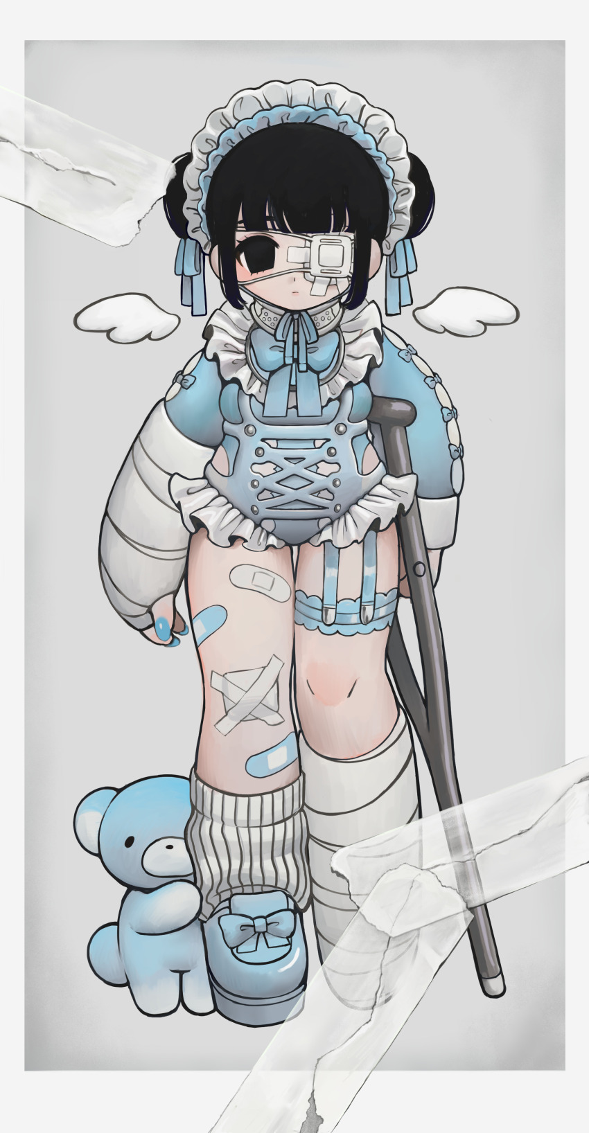 1girl absurdres bandaid bandaid_on_leg black_eyes black_hair blue_leotard blue_shoes blue_theme breasts commentary_request crutch double_bun frilled_hairband frilled_leotard frilled_thigh_strap frills hair_bun hairband highres leotard long_sleeves looking_at_viewer loose_socks mino_(kirarayakubou) original sentient_stuffed_toy shoes short_hair single_shoe single_sock small_breasts socks solo standing stuffed_animal stuffed_toy teddy_bear textless_version thigh_strap variant_set white_hairband white_socks yami_kawaii