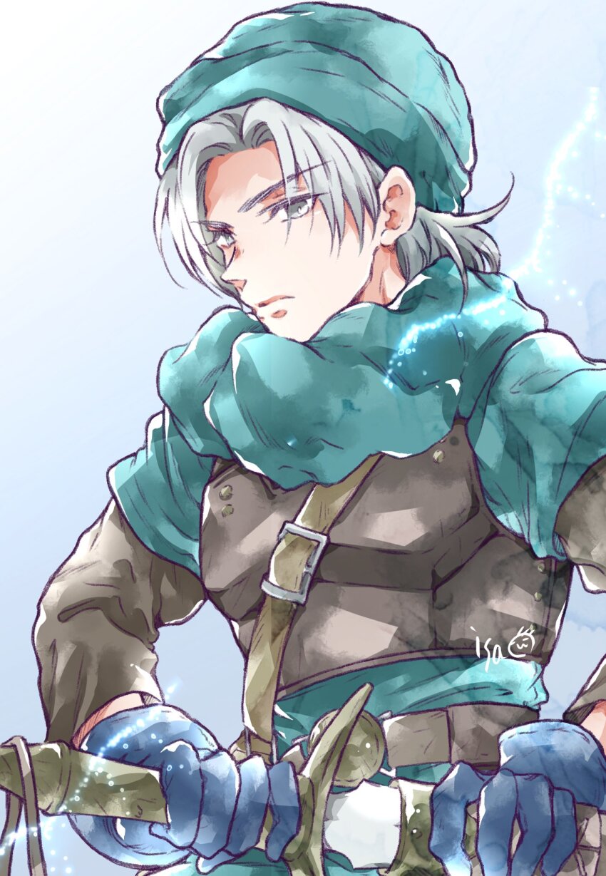 1boy aqua_bandana aqua_scarf aqua_shirt armor artist_name belt blue_background blue_gloves breastplate brown_belt closed_mouth dragon_quest dragon_quest_vi drawing_sword gloves grey_eyes grey_hair highres holding holding_sword holding_weapon isa_(chiyo-s) male_focus medium_hair parted_bangs scabbard scarf sheath shirt solo sword terry_(dq6) upper_body weapon