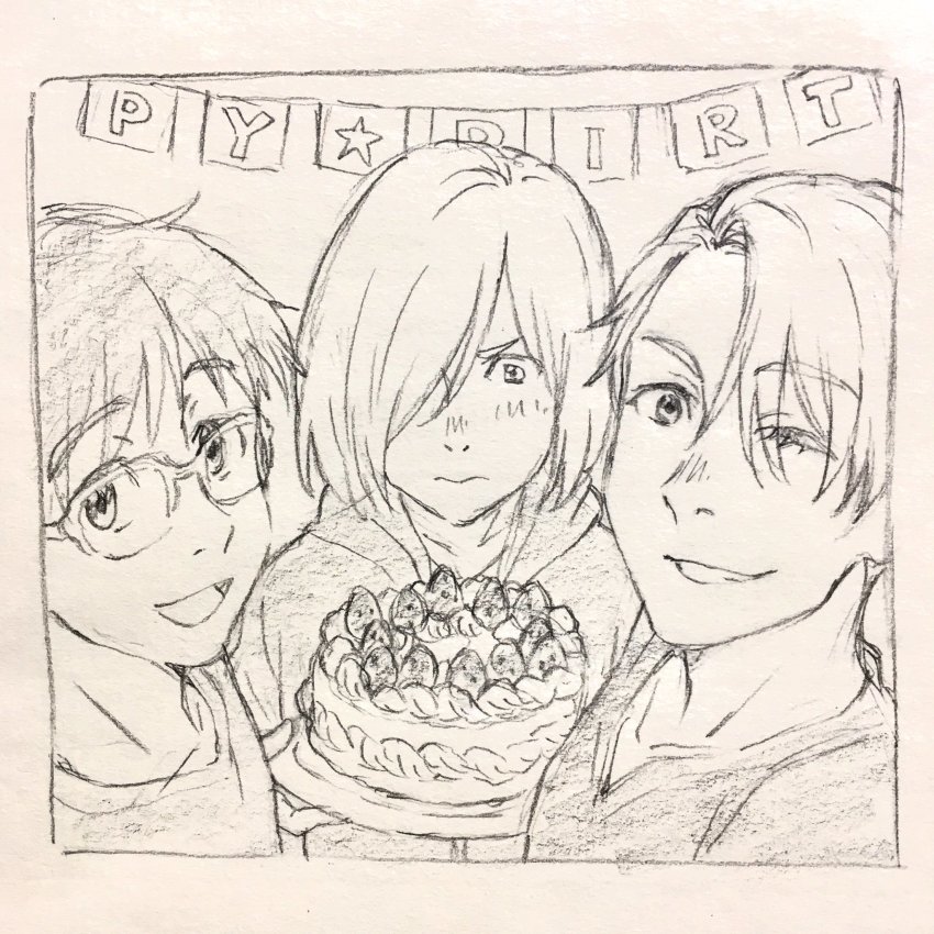 10s 3boys cake food fruit glasses graphite_(medium) hair_over_one_eye highres hood hoodie itou_noriko katsuki_yuuri male_focus monochrome multiple_boys one_eye_closed open_mouth sketch smile strawberry traditional_media viktor_nikiforov yuri!!!_on_ice yuri_plisetsky