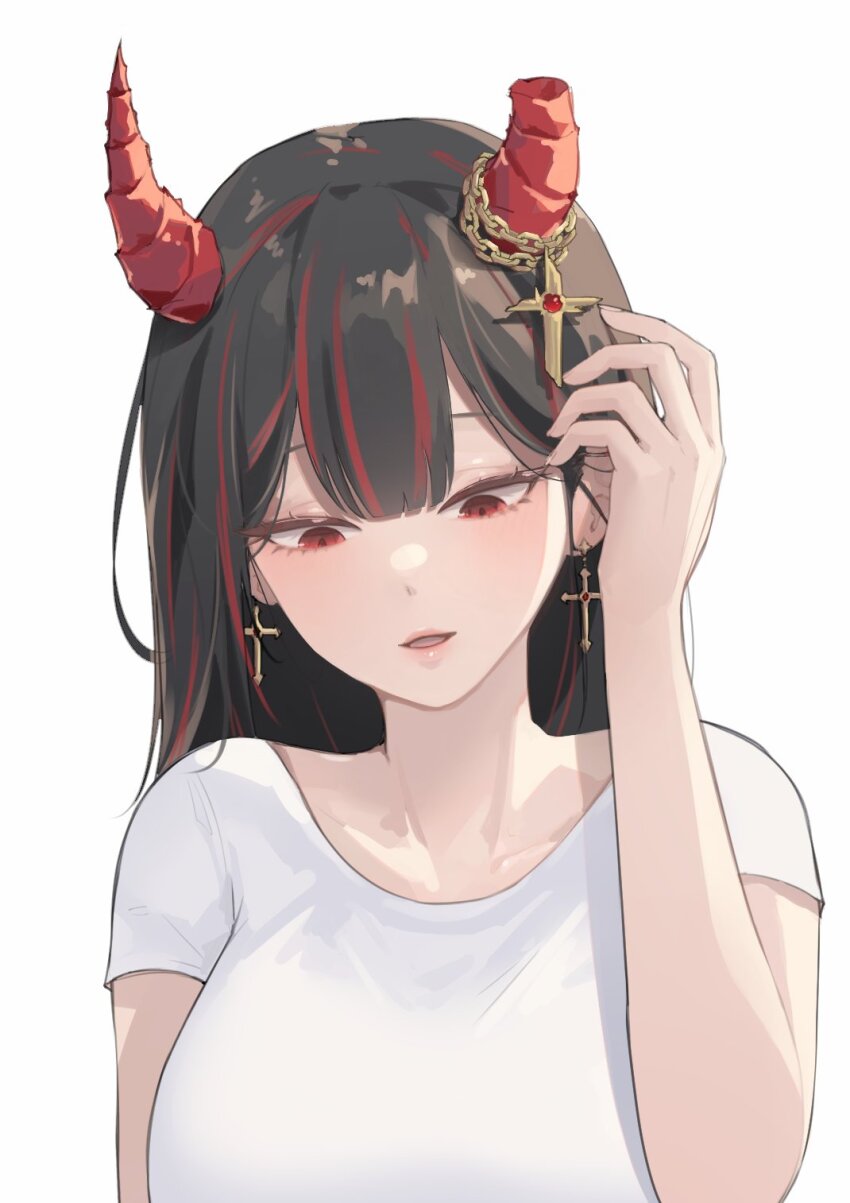 asymmetrical_horns black_hair black_nails bluejump broken_horn broken_horns buttbbol chain cross cross_earrings demon_horns earrings hair_lift highres horns jegal_geumja jewelry long_hair multicolored_hair red_eyes red_hair red_horns shirt simple_background slit_pupils white_background white_shirt