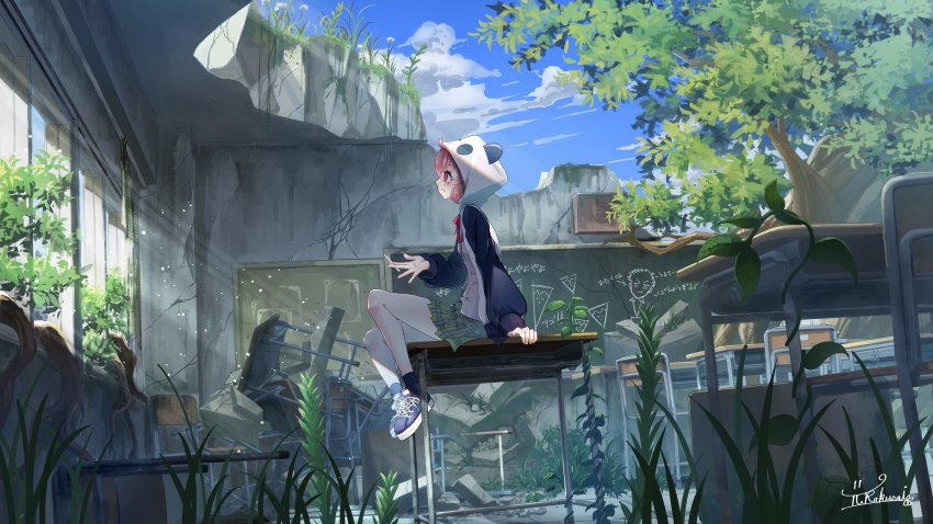 1girl absurdres animal_hood blue_footwear chair chalkboard character_request cigarette desk dress_shirt fang green_skirt highres holding holding_cigarette hood hooded_jacket jacket long_sleeves miniskirt neck_ribbon nijisanji overgrown panda_hood pink_hair plaid_clothes plaid_skirt plant pleated_skirt ribbon ruins sasaki_saku school_desk shirt sitting skin_fang skirt socks solo tree virtual_youtuber yurakusai