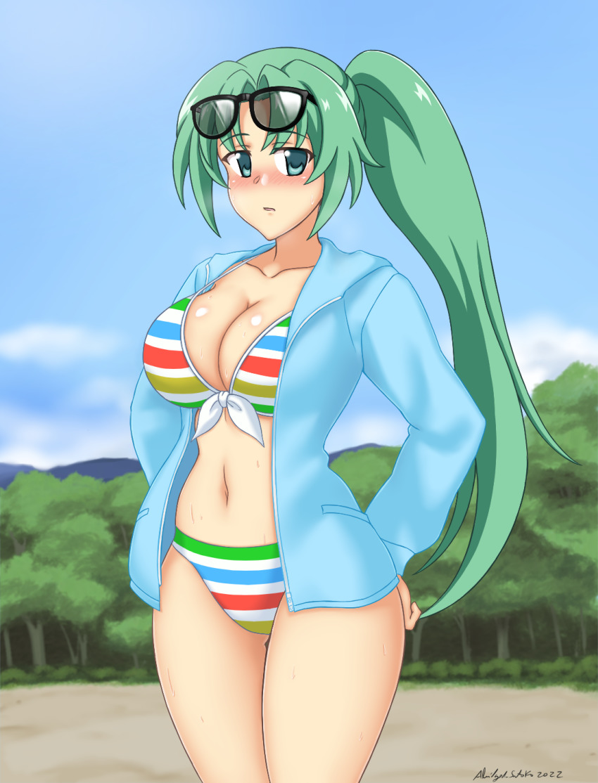 1girl abridged-satoko bikini blush breasts cleavage curvy front-tie_bikini_top front-tie_top green_eyes green_hair hands_on_own_hips highres higurashi_no_naku_koro_ni jacket large_breasts long_hair looking_at_viewer navel open_mouth ponytail solo sonozaki_mion sunglasses sweat swimsuit thick_thighs thighhighs thighs