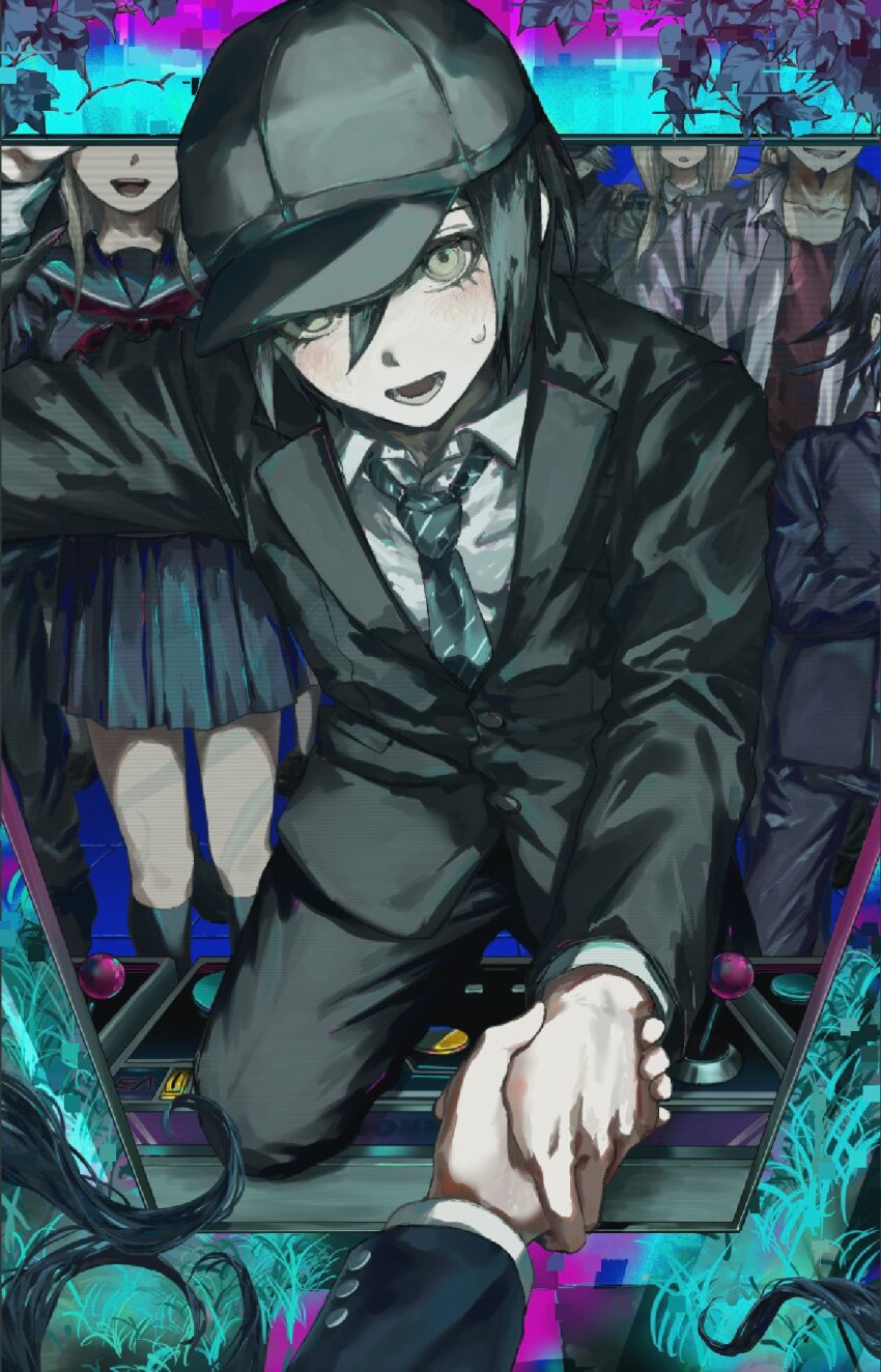 3boys 3girls akamatsu_kaede black_hair black_hat blonde_hair blush brown_eyes buttons climbing danganronpa_(series) danganronpa_v3:_killing_harmony eyelashes flipped_hair hair_between_eyes hat highres jacket k1-b0 long_hair long_sleeves looking_at_viewer male_focus medium_hair momota_kaito multiple_boys multiple_girls muted_color necktie oma_kokichi open_mouth pants pov pov_hands ringed_eyes saihara_shuichi school_uniform shirogane_tsumugi shirt short_hair skirt smile solo_focus spoilers sweatdrop umesigeissei yonaga_angie