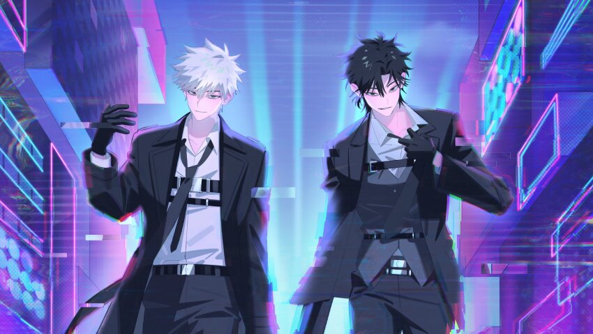 2boys adjusting_clothes adjusting_necktie alternate_costume belt black_belt black_coat black_eyes black_gloves black_hair black_jacket black_necktie black_pants cheng_xiaoshi chinese_commentary closed_mouth coat collared_shirt cowboy_shot gloves grey_vest hair_between_eyes hand_up harness highres holding inplick jacket long_sleeves looking_at_viewer lu_guang male_focus multiple_boys necktie neon_lights official_art open_clothes open_jacket pants ponytail second-party_source shiguang_dailiren shirt short_hair short_ponytail smile standing vest white_hair white_shirt