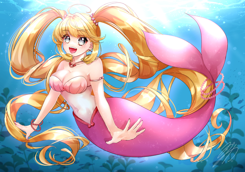 ahoge armlet bikini bikini_top_only blonde_hair blush bracelet breasts cleavage collarbone fins fish_girl fish_tail grey_eyes hair_ornament highres jewelry large_breasts long_hair looking_at_viewer mermaid mermaid_melody_pichi_pichi_pitch midriff monster_girl nanami_lucia navel necklace open_mouth shell shell_bikini smile sunlight swimsuit tail underwater yuzuca_(trickster4594)