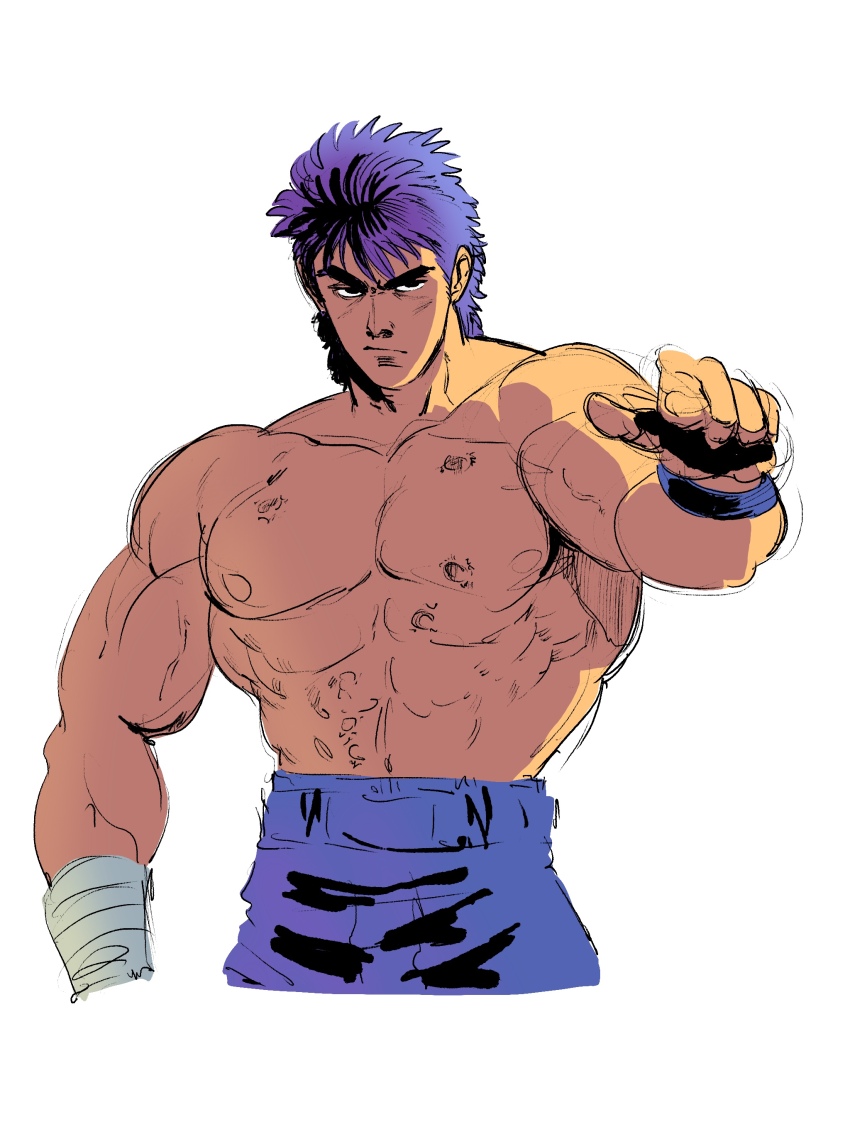 abs absurdres bare_pectorals biceps big_dipper blue_hair blue_pants groovy_(docilebread) highres hokuto_no_ken kenshiro large_pectorals looking_at_viewer male_focus man_face manly mature_male muscular muscular_male pants pectorals pointing pointing_at_viewer scar scar_on_chest single_bracer thick_eyebrows topless_male white_background wrist_wrap you_are_already_dead