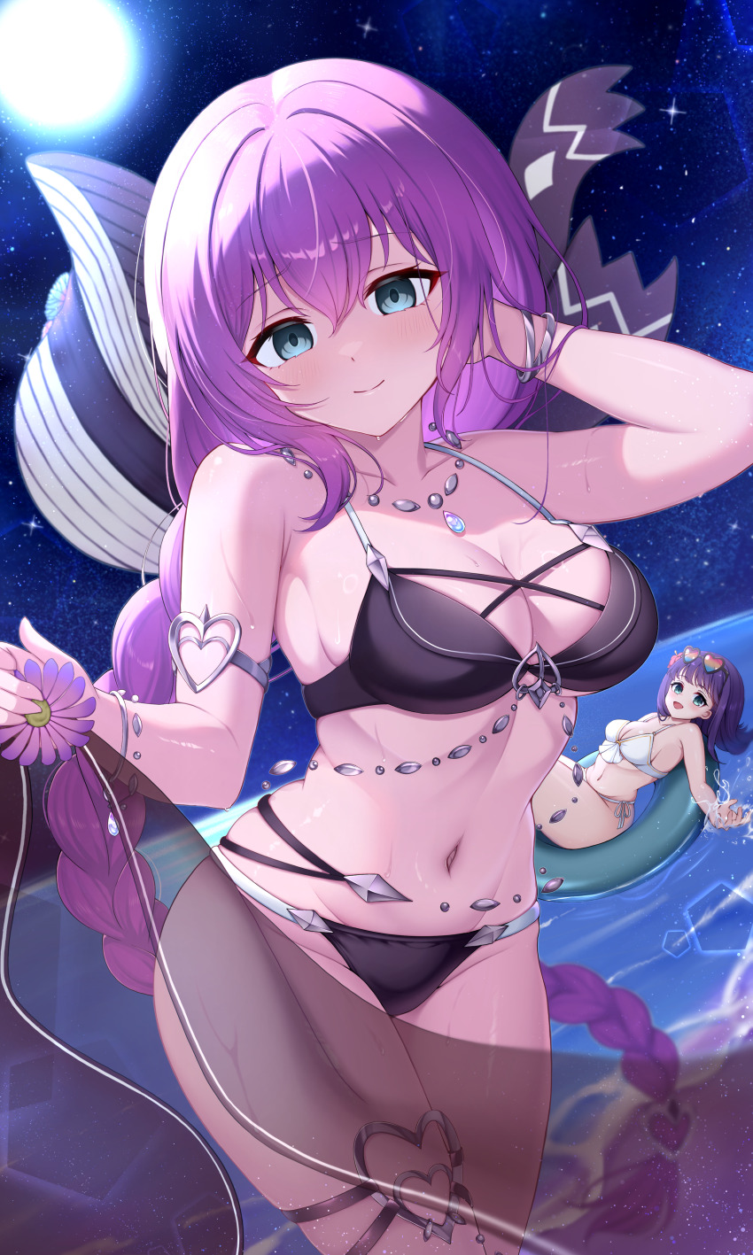 2girls absurdres bikini black_bikini blue_eyes bracelet braid breasts cleavage eris_(princess_connect!) flower hair_ornament highres innertube jewelry large_breasts long_hair misora_(princess_connect!) multiple_girls navel necklace night night_sky pink_hair princess_connect! purple_hair sen_chan_(akane1023) single_braid sky smile star_(sky) starry_sky swim_ring swimsuit twin_braids very_long_hair water
