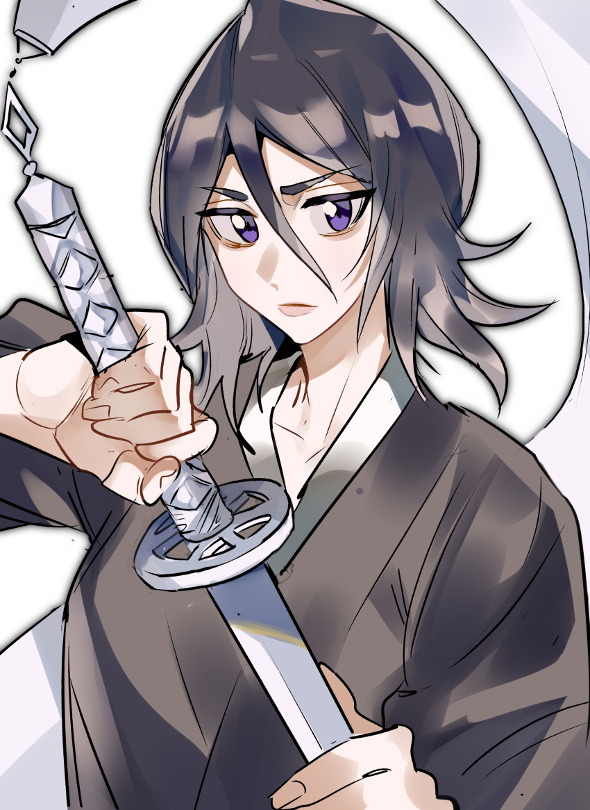 1girl absurdres black_hair black_kimono bleach closed_mouth cowboy_shot hair_between_eyes hashtag-only_commentary highres holding holding_sword holding_weapon japanese_clothes kimono kuchiki_rukia looking_at_viewer medium_hair purple_eyes simple_background sode_no_shirayuki_(shikai) solo sword weapon white_background xi_luo_an_ya