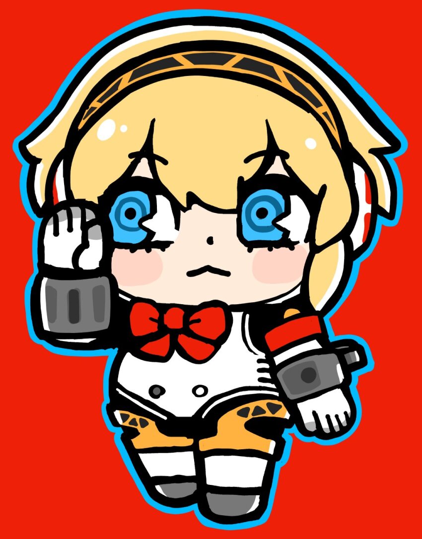 1girl :&lt; aigis_(persona) android armband bkub blonde_hair blue_eyes blue_outline blush_stickers bow bowtie chibi chibi_only closed_mouth dot_nose full_body hair_between_eyes hairband headphones highres joints outline persona persona_3 red_armband red_background red_bow red_bowtie ringed_eyes robot_joints short_hair simple_background solo