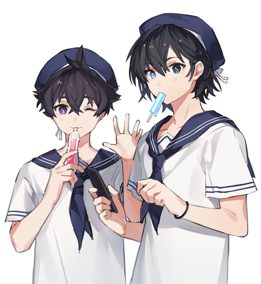 2boys ajiro_shinpei alternate_costume anchun_(quail0503) black_eyes black_hair blue_eyes blue_headwear blue_sailor_collar cellphone chinese_commentary closed_mouth commentary_request crossed_bangs eating food food_in_mouth hair_between_eyes hand_up hat heterochromia highres holding holding_food holding_phone looking_at_viewer male_focus minakata_ryuunosuke mouth_hold multiple_boys one_eye_closed phone popsicle popsicle_in_mouth purple_eyes sailor_collar sailor_hat sailor_shirt shirt short_hair short_sleeves simple_background smile standing summertime_render tupet upper_body white_background white_shirt