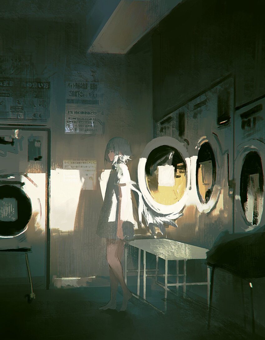 1girl absurdres barefoot commentary dress english_commentary feathered_wings from_side grey_hair highres indoors laundromat original poster_(object) short_hair solo sorrowny standing table washing_machine wings