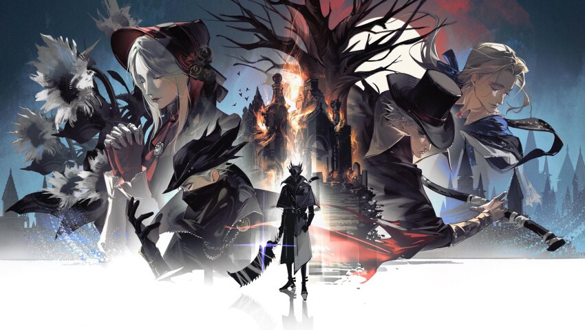 1girl 3boys bird black_hat black_pants bloodborne bonnet burial_blade character_request closed_eyes coat commentary_request fire flower gehrman_the_first_hunter hat highres holding holding_weapon hunter_(bloodborne) interlocked_fingers long_hair mask moon multiple_boys outdoors pants plain_doll saw saw_cleaver sd2190392804 sidelocks stairs standing sunflower tree tricorne weapon white_hair