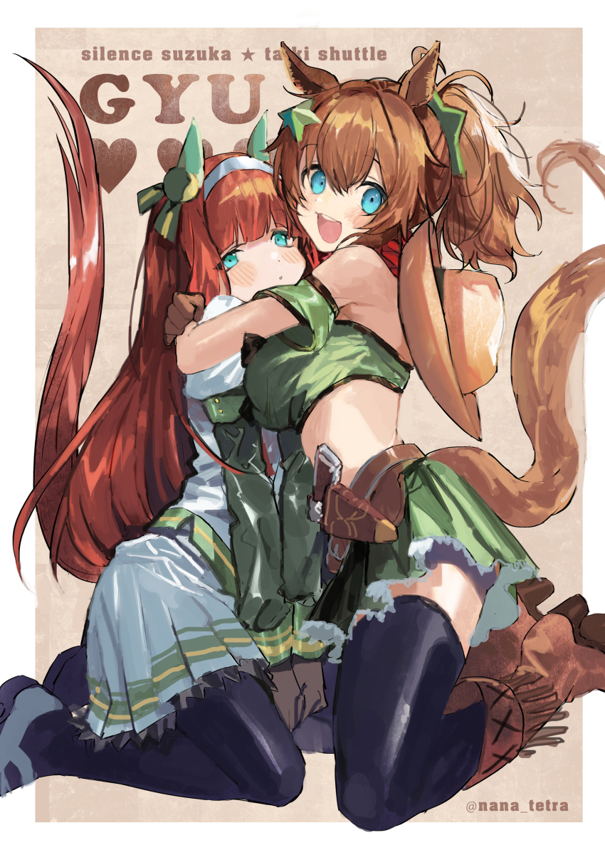 2girls absurdres animal_ears armband bare_shoulders blue_eyes blunt_bangs boots commentary_request cowboy_boots cowboy_hat crop_top ear_covers green_armband green_skirt hair_ornament hairband hat hat_on_back high_heel_boots high_heels highres holstered horse_ears horse_girl horse_tail hug looking_at_viewer midriff miniskirt multiple_girls nana_tetra orange_hair pantyhose pleated_skirt silence_suzuka_(umamusume) skirt star_(symbol) star_hair_ornament taiki_shuttle_(umamusume) tail thighhighs umamusume white_hairband white_skirt zettai_ryouiki