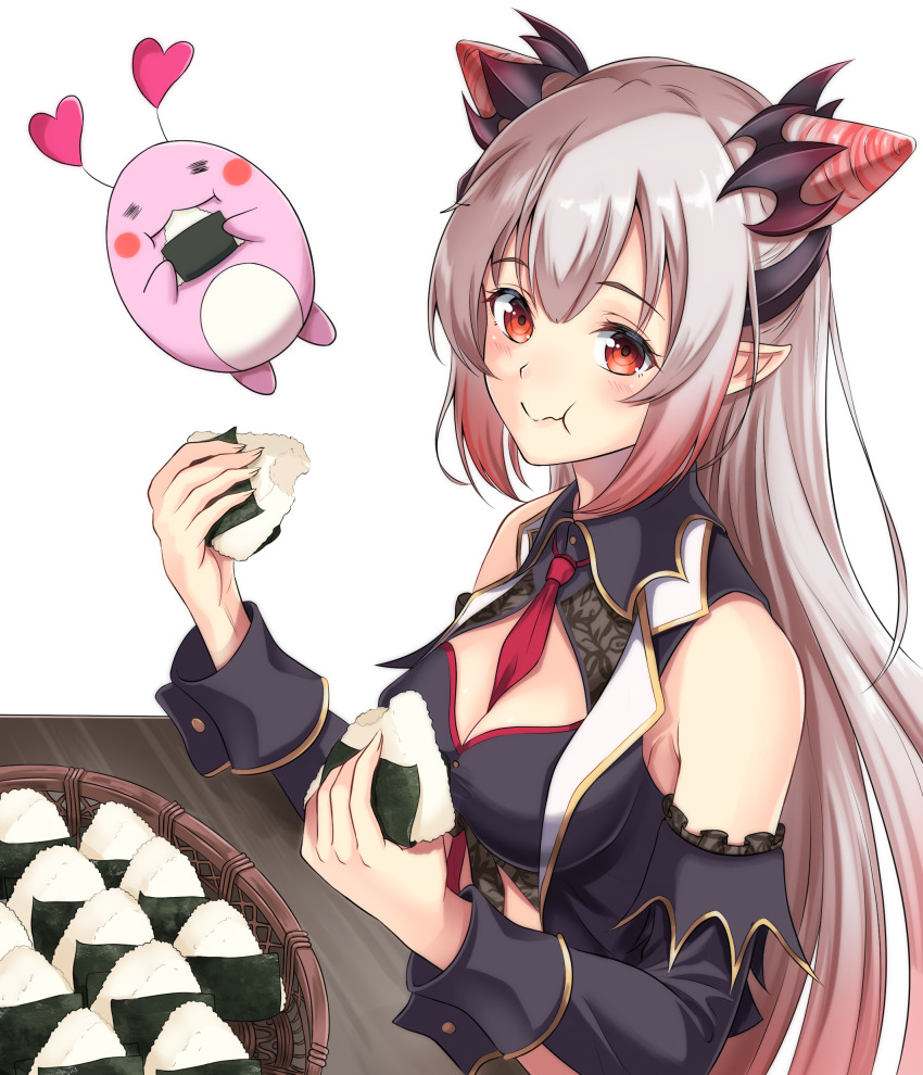 1girl absurdres asarime bad_id bad_pixiv_id bare_shoulders between_breasts black_vest breasts cleavage cone_hair_bun crop_top detached_sleeves eating fake_horns food gradient_hair hair_bun hair_ornament highres holding holding_food honey_strap horns kanikama_(suou_patra) long_hair long_sleeves looking_at_viewer medium_breasts multicolored_hair nanashi_inc. necktie onigiri pointy_ears red_eyes silver_hair simple_background suou_patra suou_patra_(1st_costume) upper_body vest virtual_youtuber white_background wing_collar