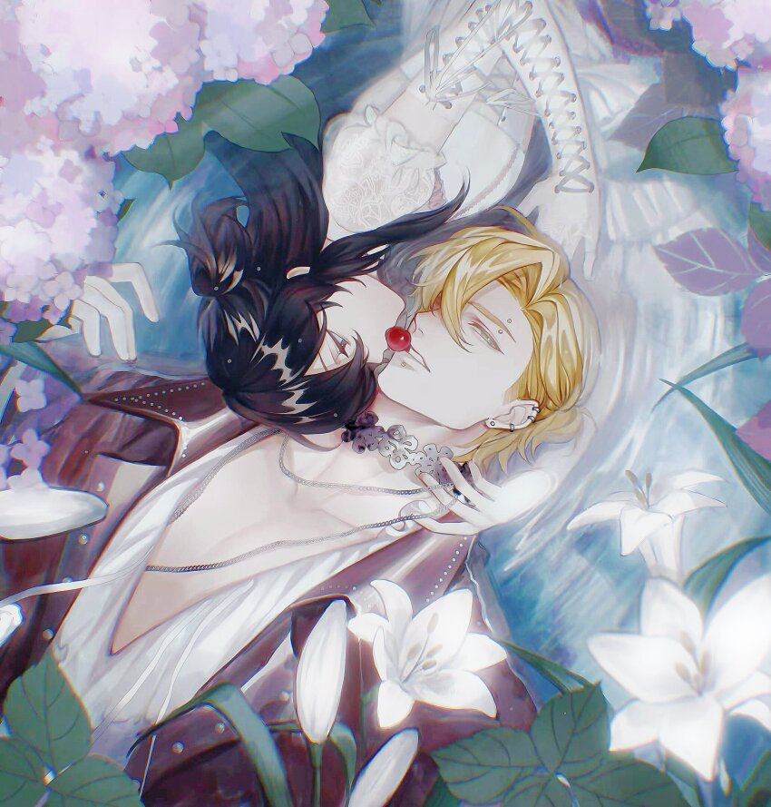 1boy 1girl black_hair black_jacket blonde_hair cherry degrees_of_lewdity elbow_gloves eyebrow_piercing flower food fruit gloves green_eyes hair_over_one_eye highres hydrangea jacket looking_at_another open_clothes open_jacket owhe6xinjl66160 piercing player_character_(degrees_of_lewdity) player_character_(female)_(degrees_of_lewdity) shirt white_flower white_gloves white_shirt whitney_(degrees_of_lewdity) whitney_(male)_(degrees_of_lewdity)
