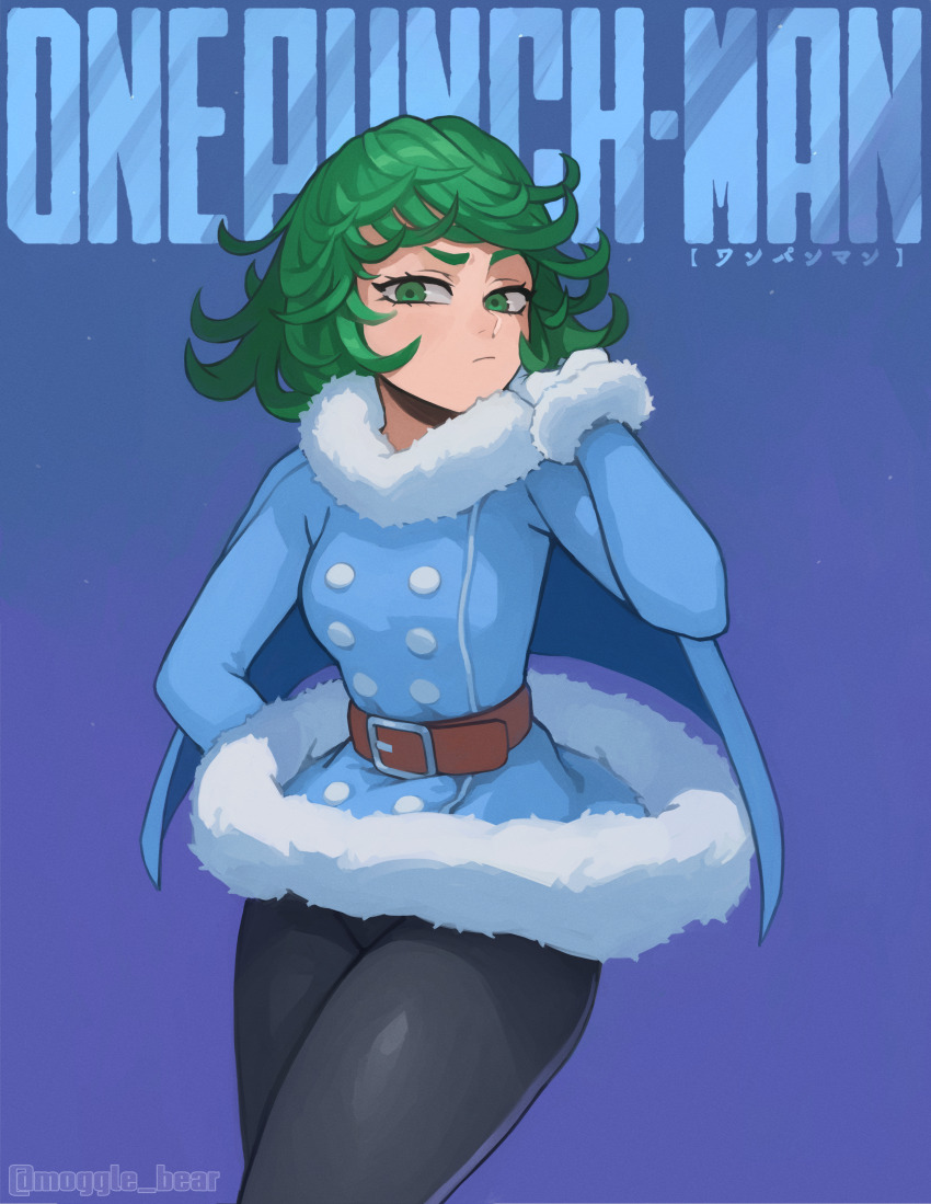 absurdres artist_name belt belt_buckle black_pants blue_capelet blue_jacket buckle capelet closed_mouth copyright_name cowboy_shot fur-trimmed_jacket fur_trim green_eyes green_hair highres jacket long_sleeves mogglebear one-punch_man pants purple_background simple_background tatsumaki thighs twitter_username