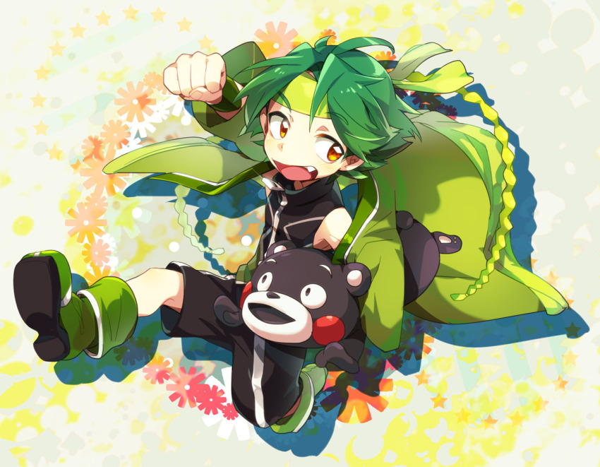 1boy black_shirt black_shorts clenched_hand fang full_body green_footwear green_hair green_headband green_jacket headband hisaboden jacket kumamon kumamoto_midori kyuushuu_sentai_danjiger male_focus open_mouth orange_eyes shirt short_hair shorts zipper_pull_tab